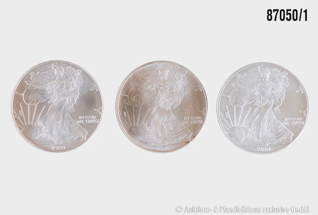 USA 3x 1 Dollar 1995, 1999, 2001, Silber 999, jeweils 1 Unze, Zust. vz