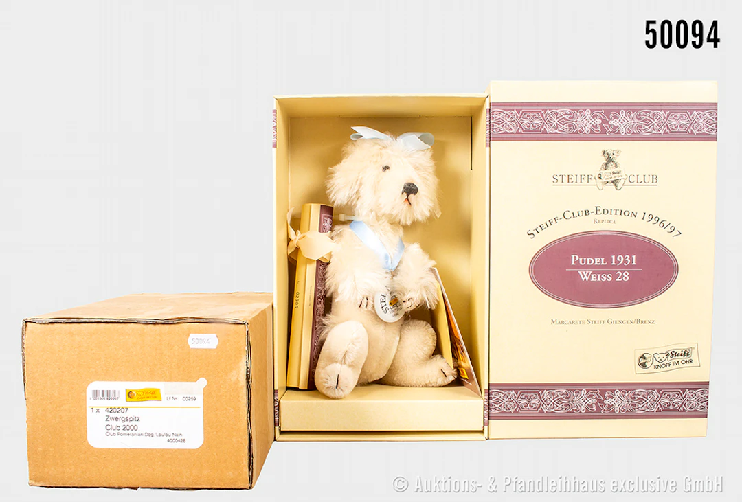 Steiff Hunde, Mohair, Zwergspitz, 420207, KF und Porzellanplakette