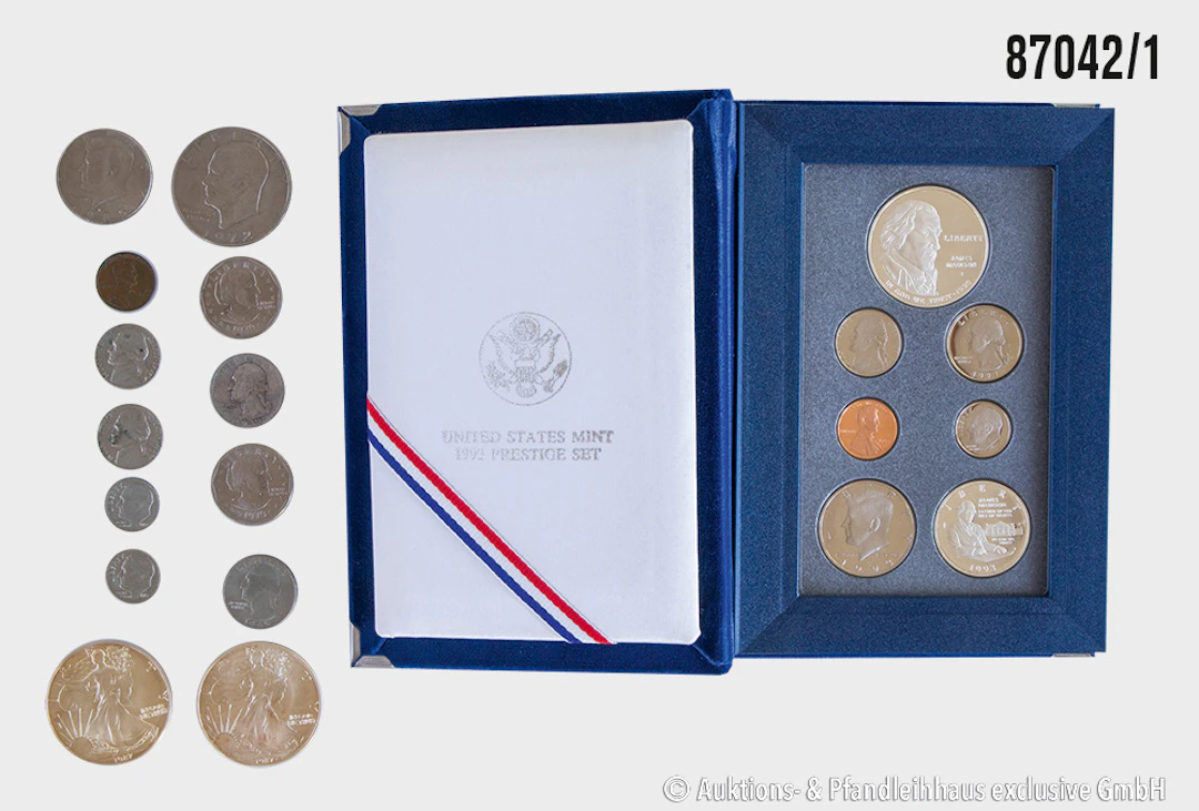 USA Konvolut 20 Münzen, 1x KMS Prestige Set 1993 James Madison 7 Münzen