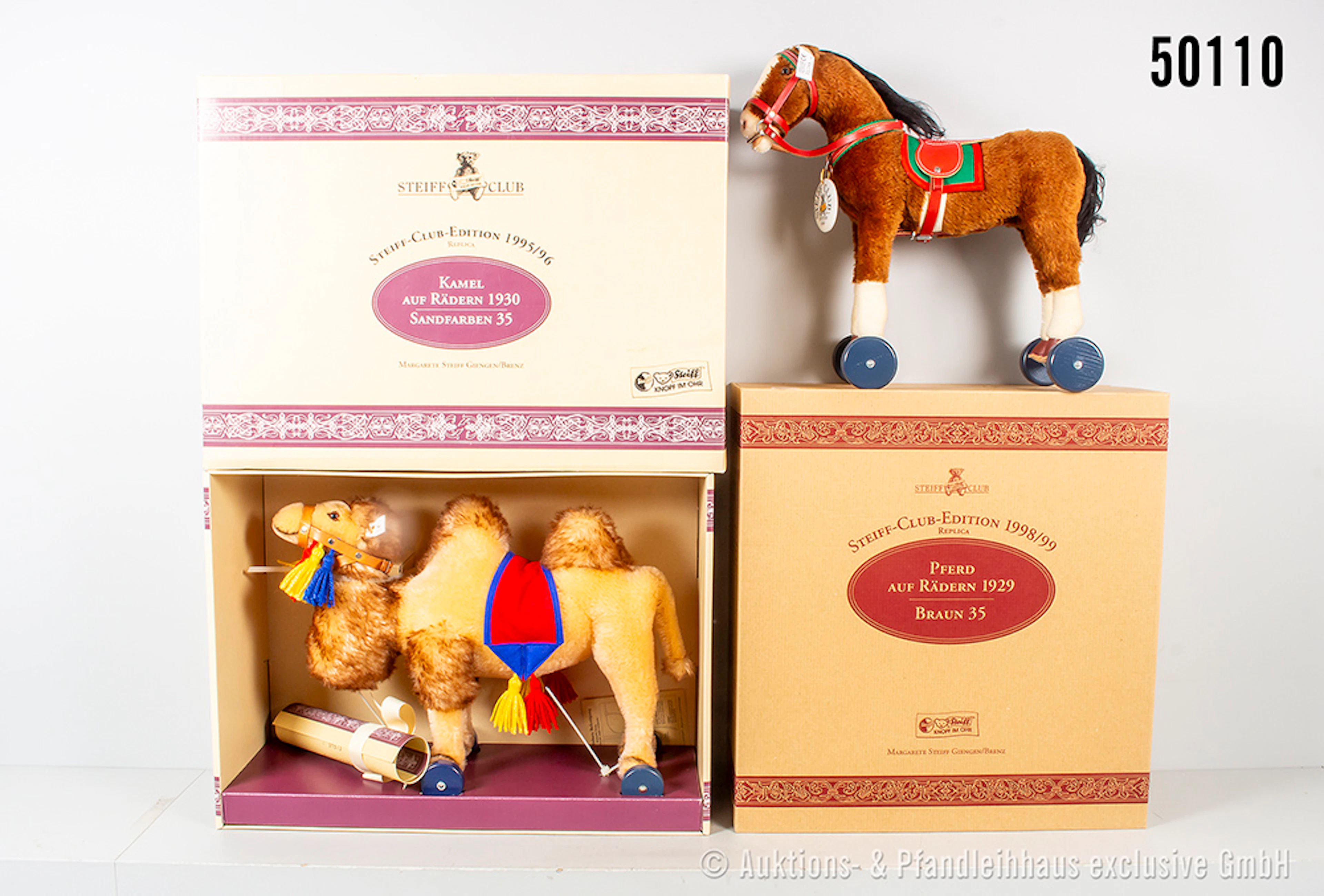 Steiff Replika Kamel auf Rädern 1930, Mohair, KF, Nr. 420061 und Pferd