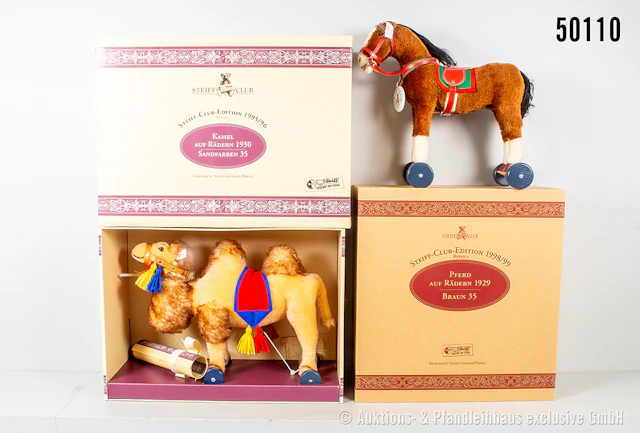 Steiff Replika Kamel auf Rädern 1930, Mohair, KF, Nr. 420061 und Pferd