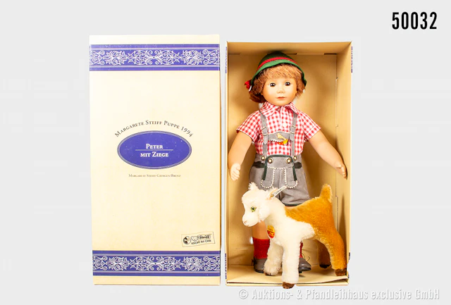 Steiff Puppe Peter mit Ziege, Ziege mit Knopf und Fahne, Nr. 703096
