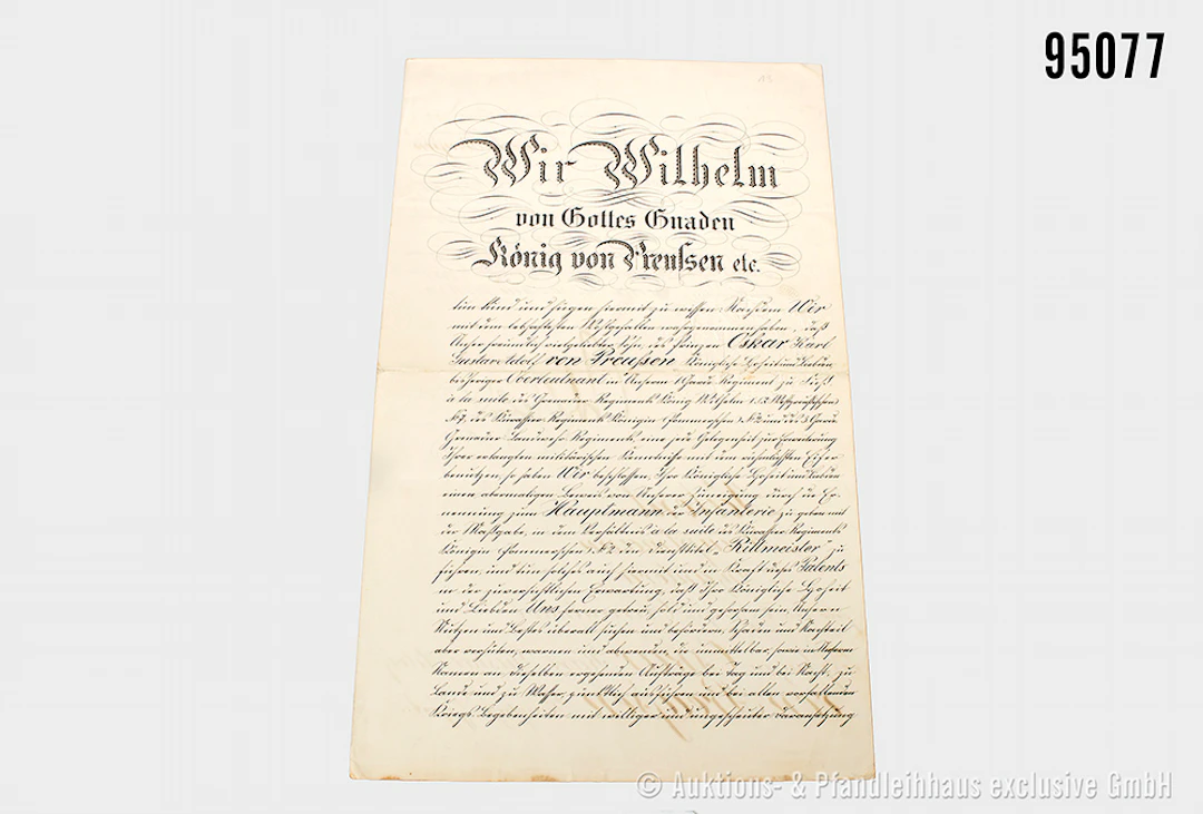 Preußen Beförderungsurkunde des Prinzen Oskar Karl Gustav Adolf von