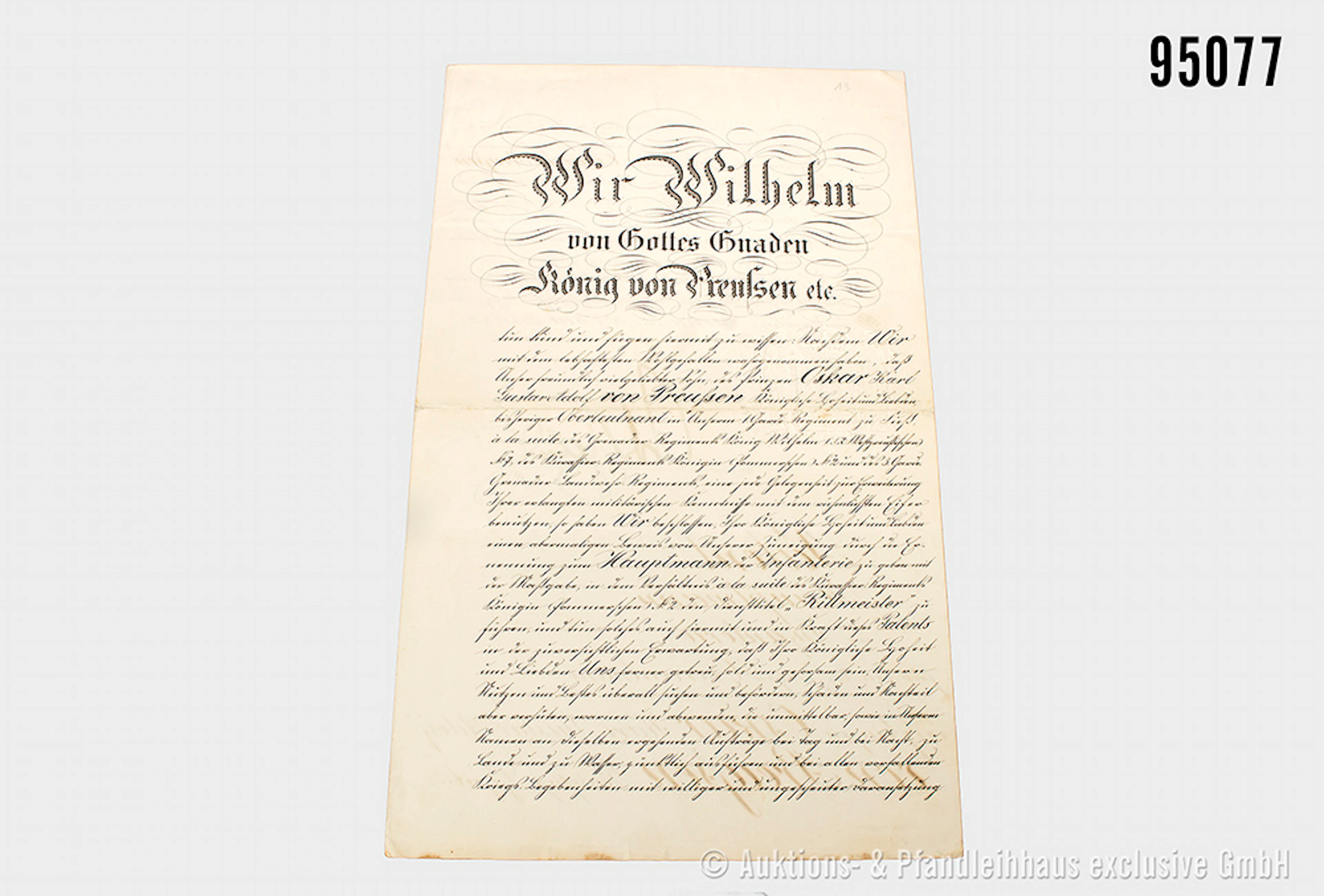 Preußen Beförderungsurkunde des Prinzen Oskar Karl Gustav Adolf von