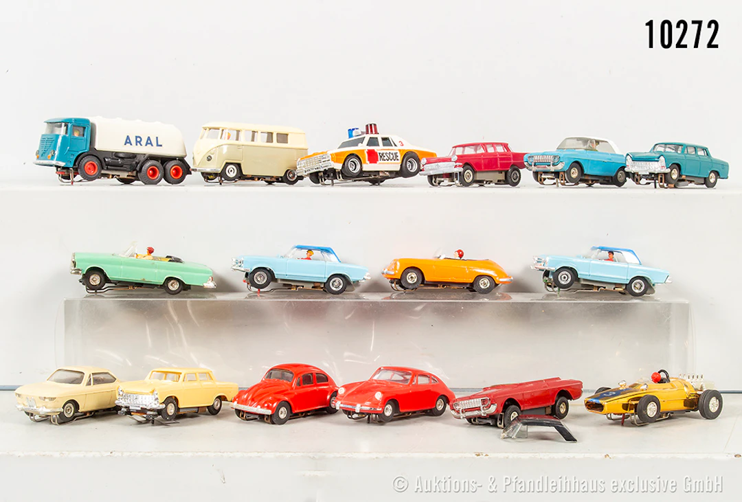 Überwiegend Faller Slotcars, Kunststoff, L bis 7,5 cm, teils Gehäuse
