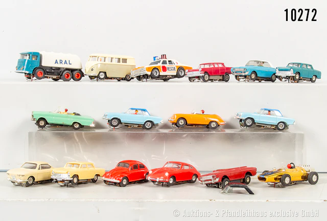 Überwiegend Faller Slotcars, Kunststoff, L bis 7,5 cm, teils Gehäuse