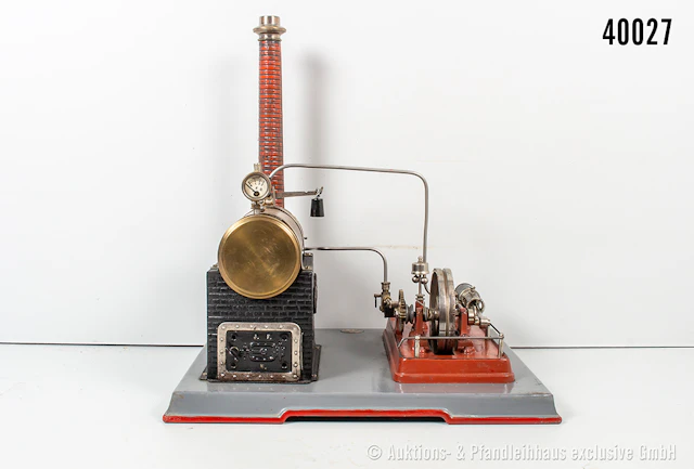 JF Josef Falk Dampfmaschine, liegender Messingkessel, KD 7,5 cm, Schwungrad