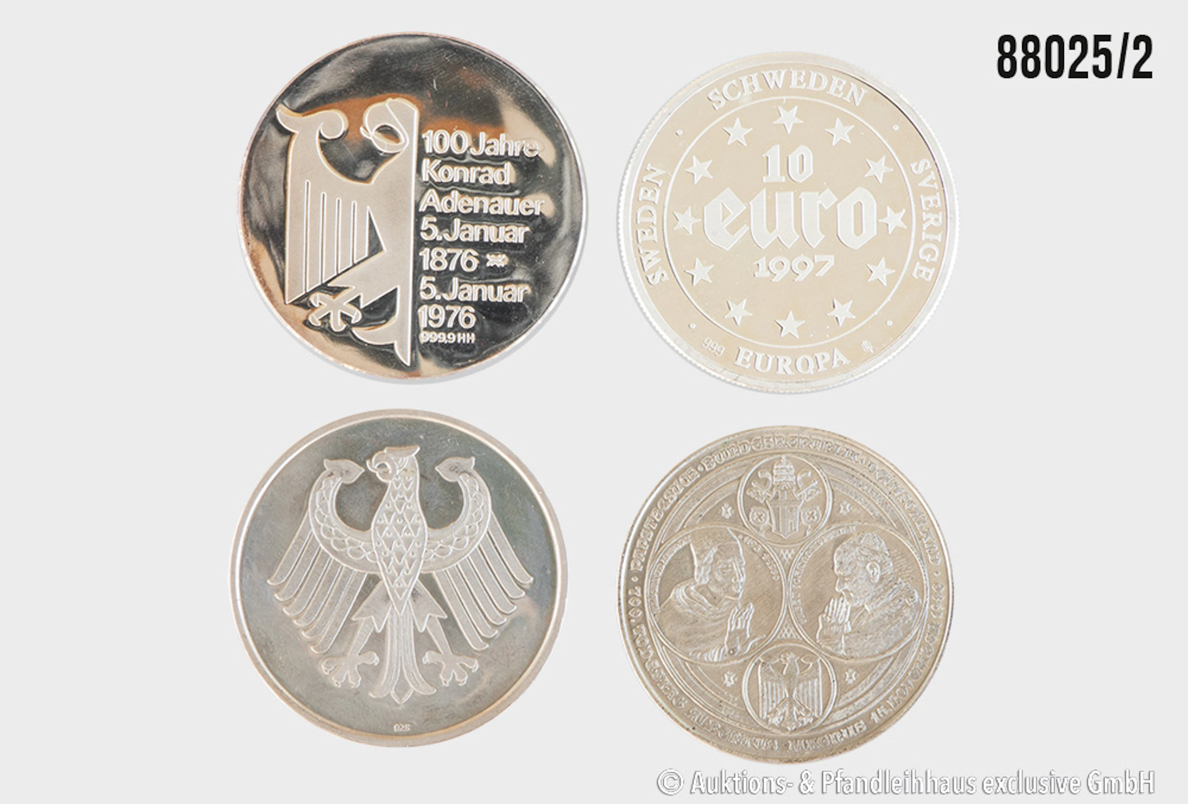 Konvolut 4 Medaillen, 1x 100 J. Konrad Adenauer, Silber 999, 24,76