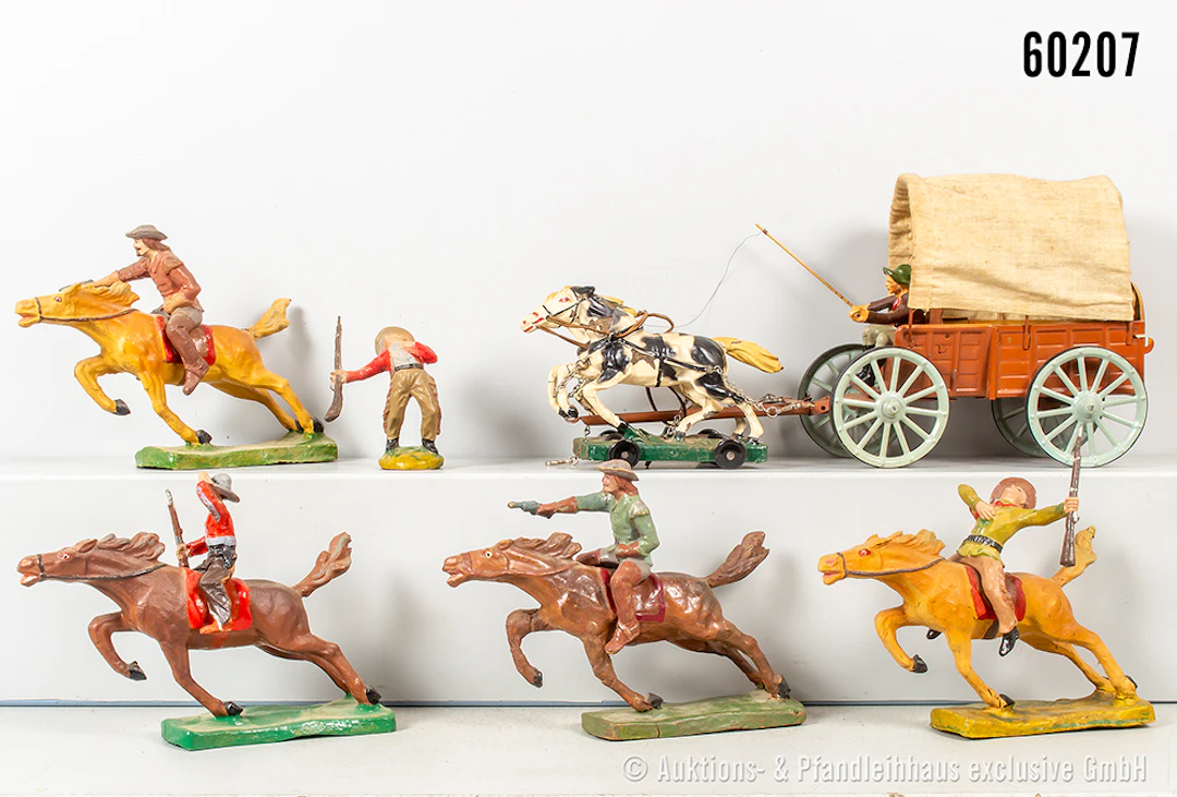Planwagen und Trapper zu Pferd, meist Tipple Topple, Masse Blech