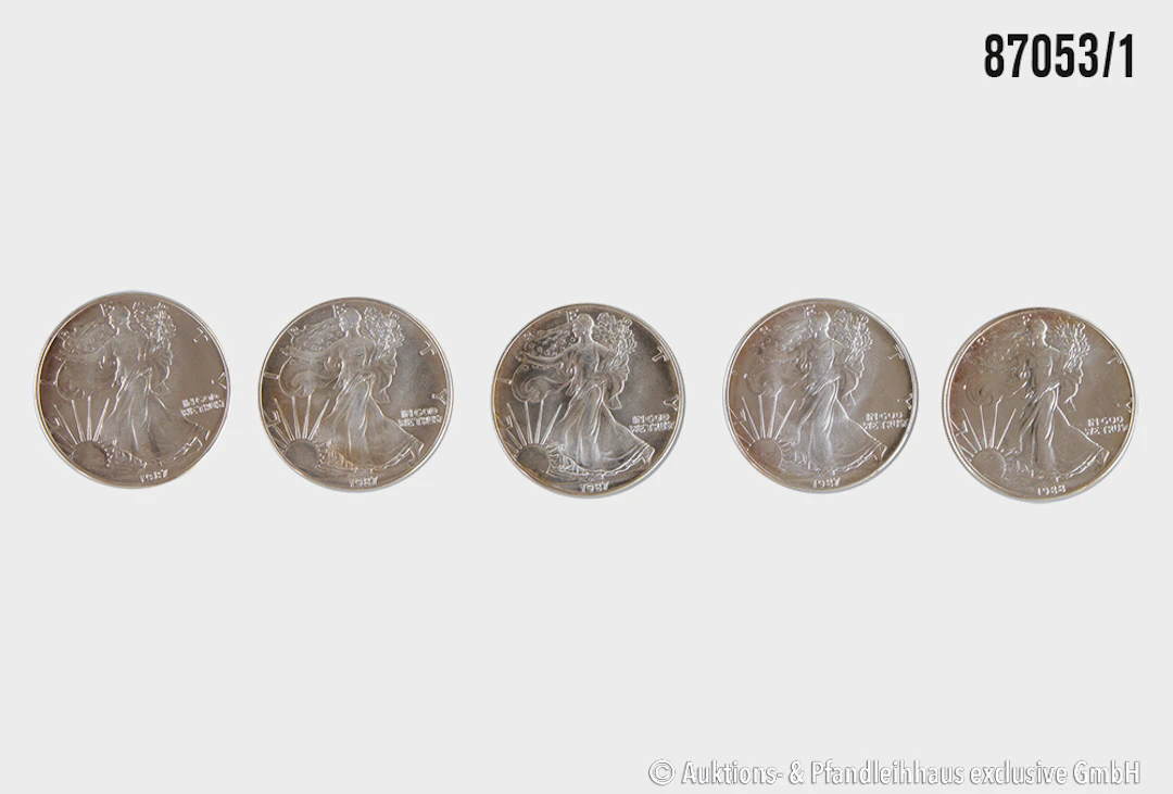 USA 5x 1 Dollar 4x 1987, 1x 1988 Silber 999, jeweils 1 Unze, Zust. vz