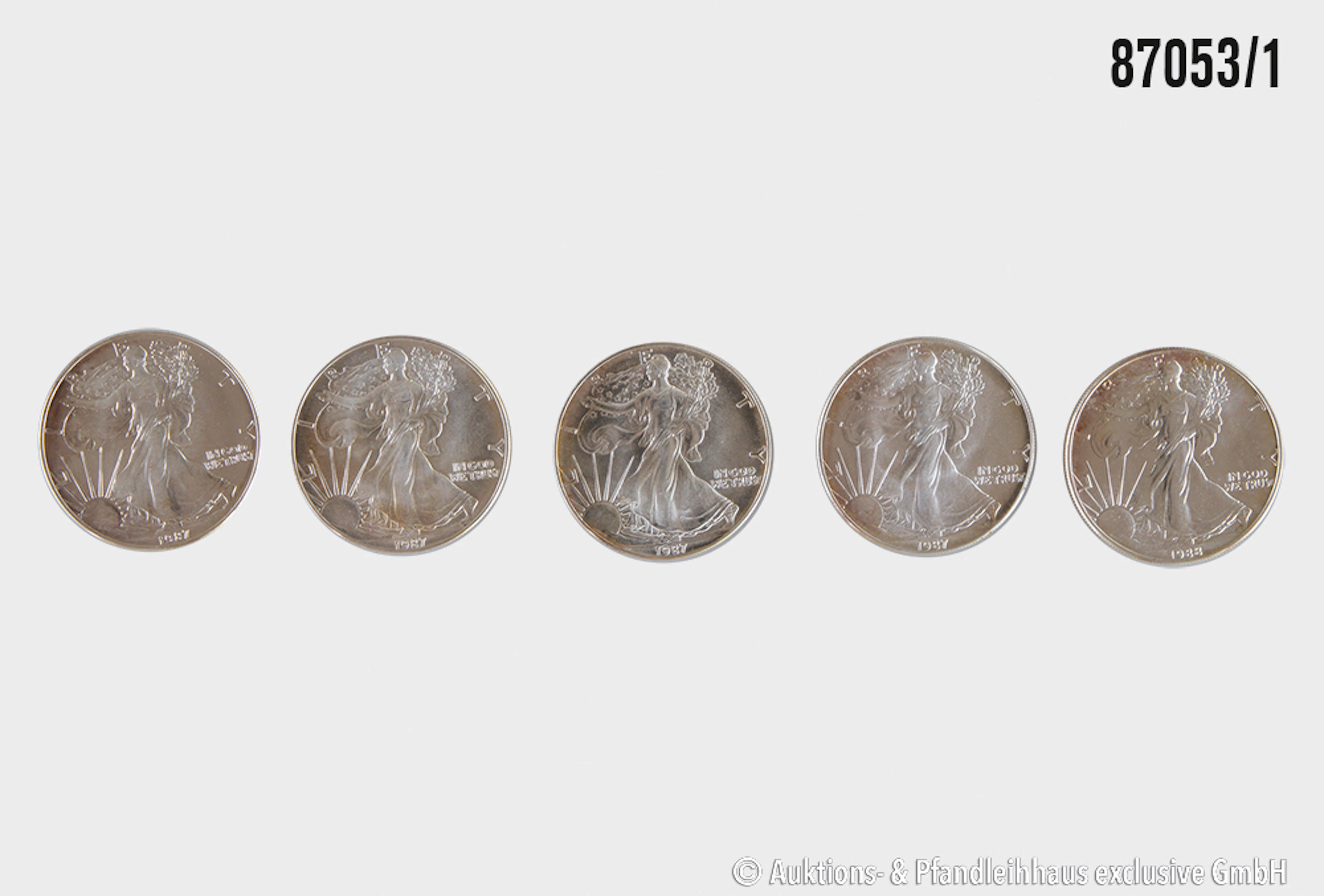 USA 5x 1 Dollar 4x 1987, 1x 1988 Silber 999, jeweils 1 Unze, Zust. vz