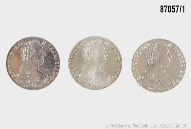 Österreich 3x NP Maria Teresia Taler, Silber 833, jeweils ca. 28 g, Zust. vz