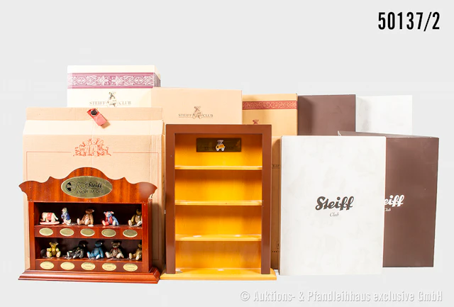 Großes Konv. Steiff Zubehör, dazu 6 Teddys als Club Geschenke, Mohair