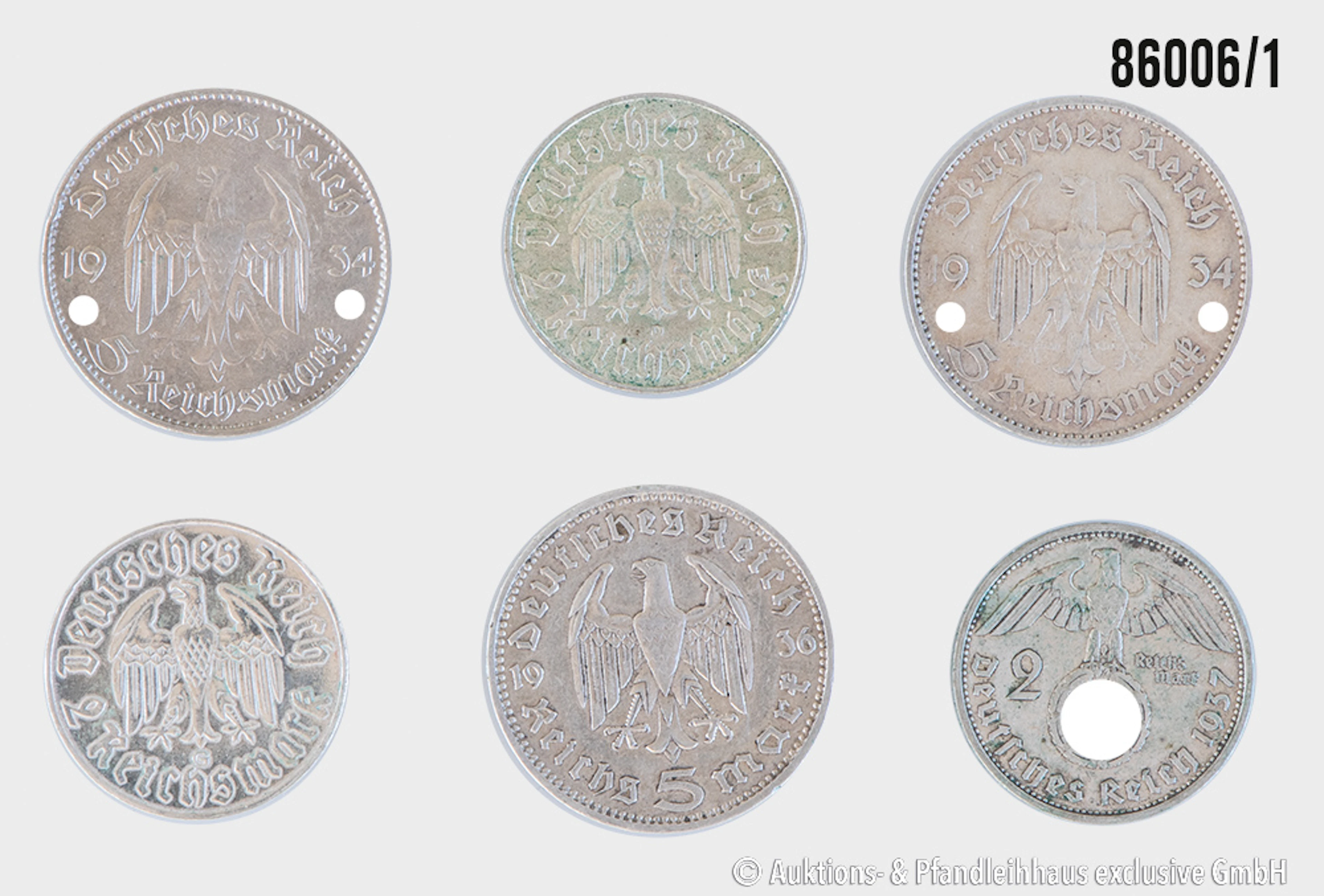 Drittes Reich Konvolut 6 Münzen, 1x 2 RM Hindenburg 1937 F, Silber