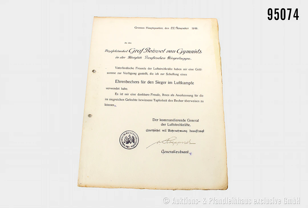 Urkunde Ehrenbecher für Sieger im Luftkampf 1916, Doppelblatt, gelocht