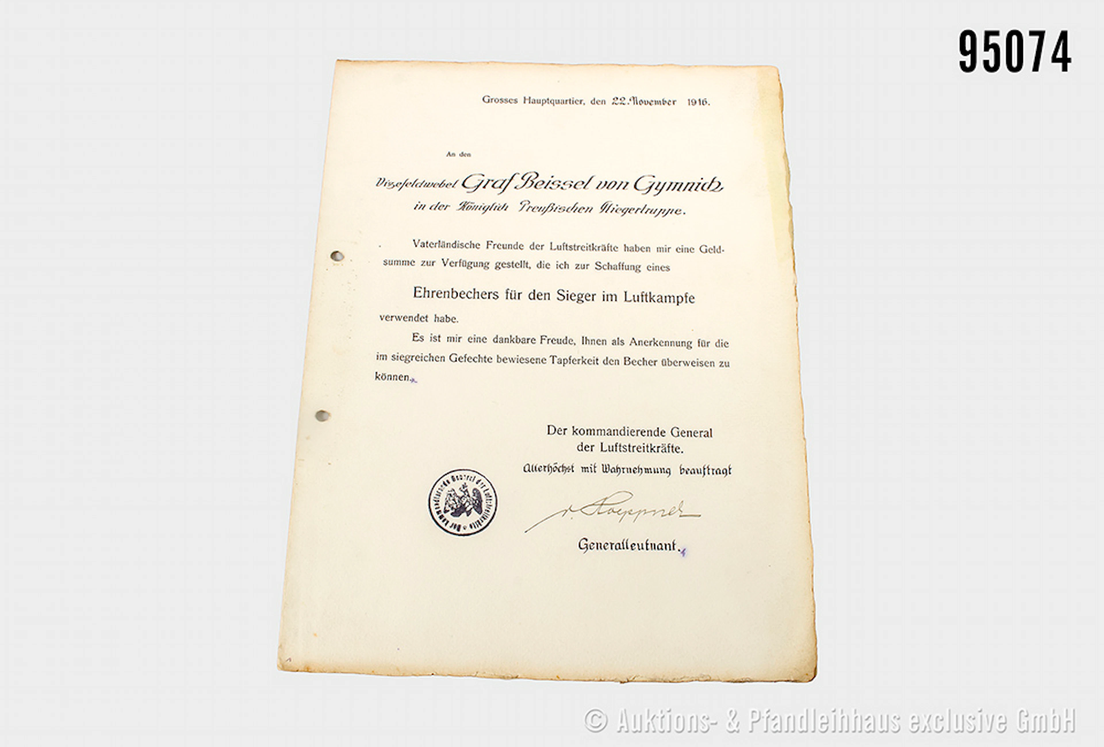 Urkunde Ehrenbecher für Sieger im Luftkampf 1916, Doppelblatt, gelocht