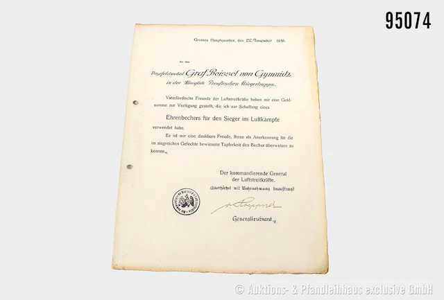 Urkunde Ehrenbecher für Sieger im Luftkampf 1916, Doppelblatt, gelocht