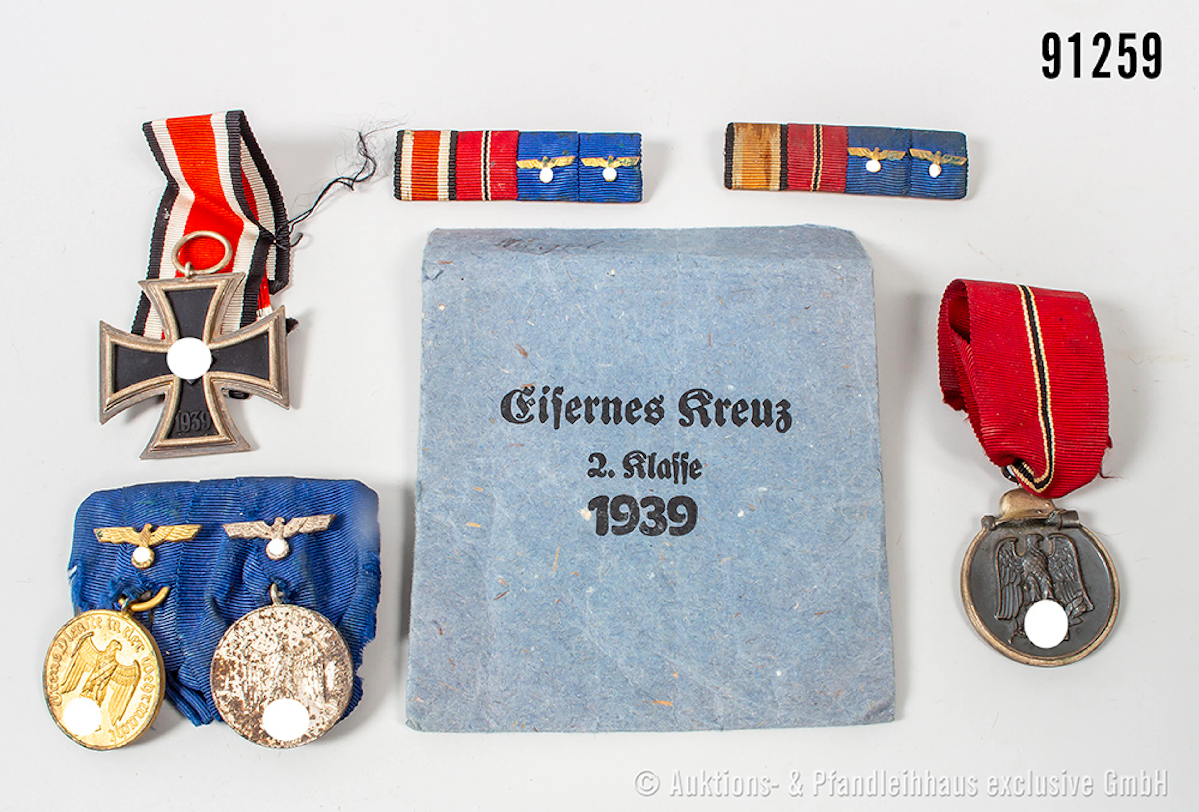 Konv. EK 2 2 1939 mit Verleihungstüte, Ostmedaille, 2er Ordensspange