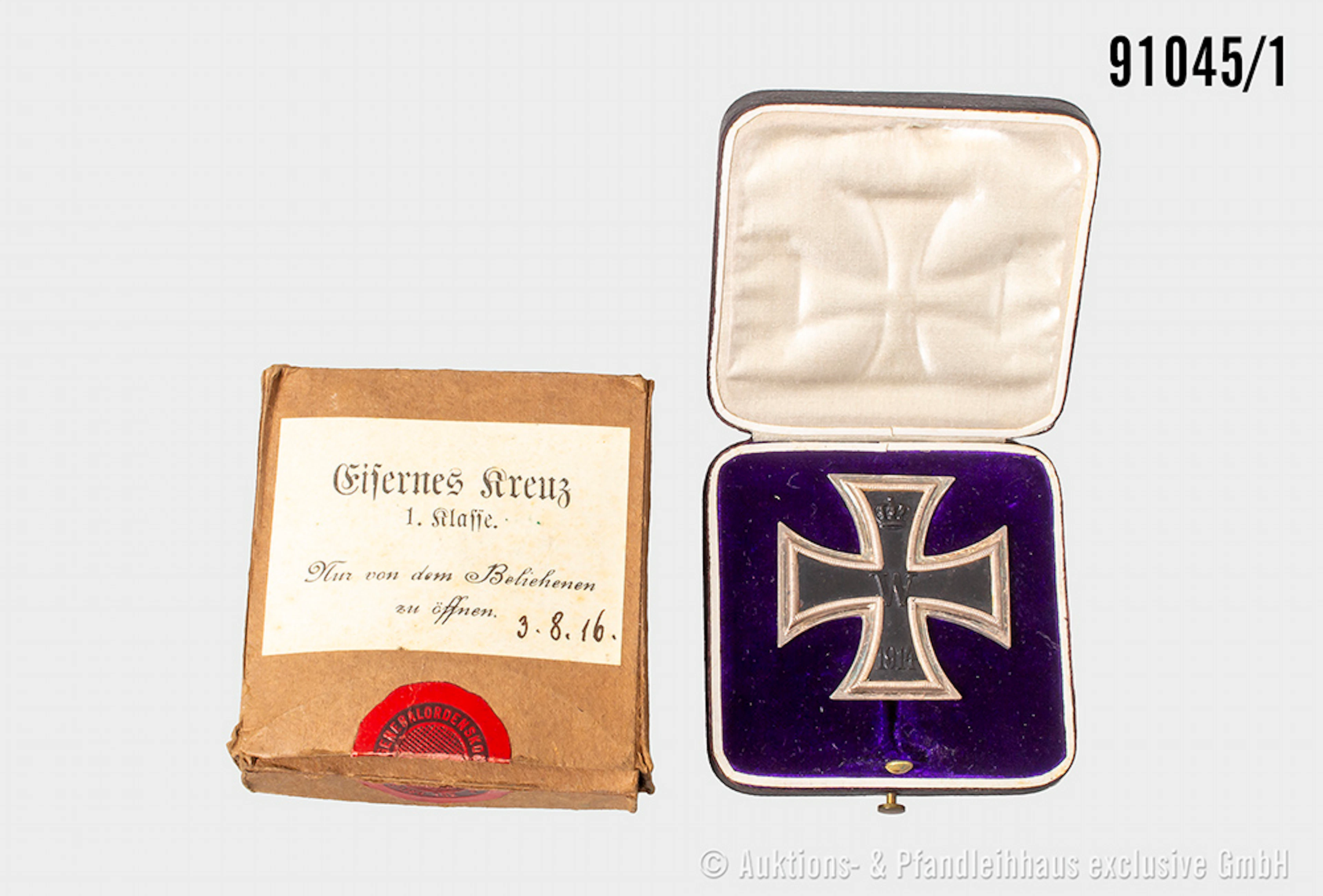 EK 1 1914, Hersteller "WS" neben dem Nadelhaken, im Etui, mit Überkarton