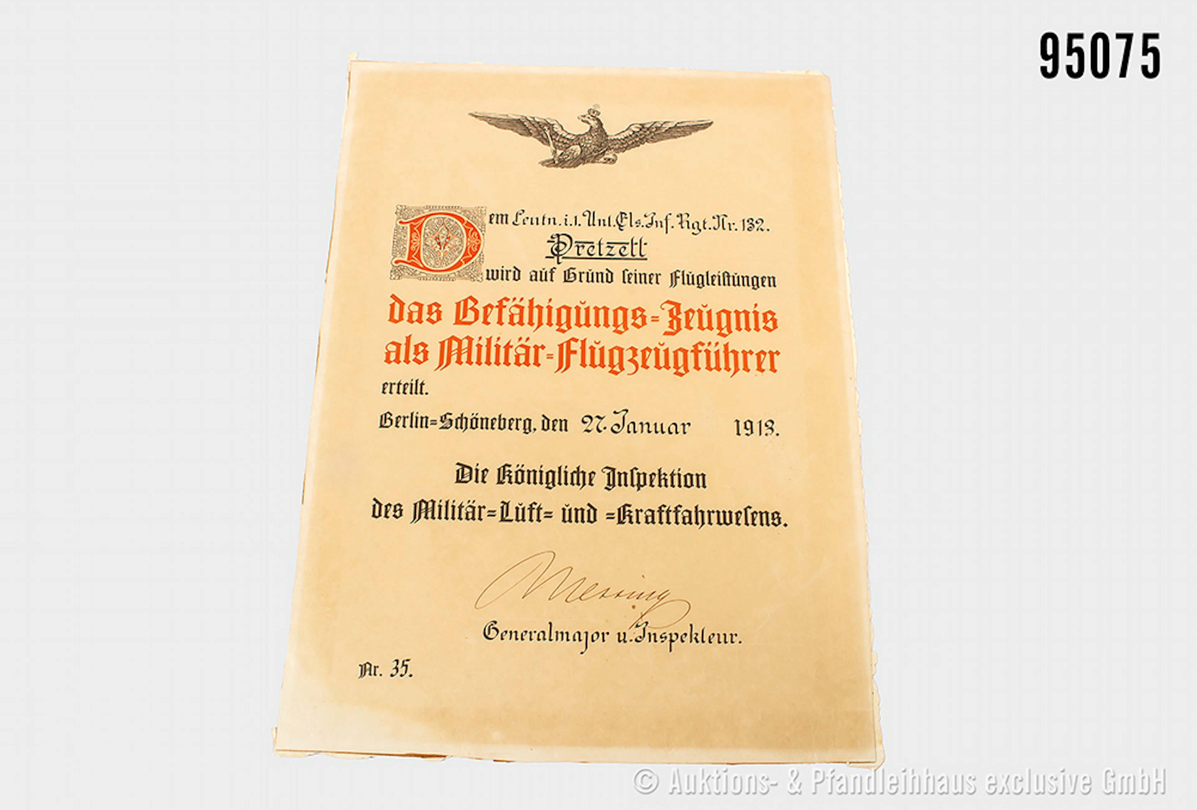 Befähigungszeugnis als Militär-Flugzeugführer 1913, rückseitig Klebereste