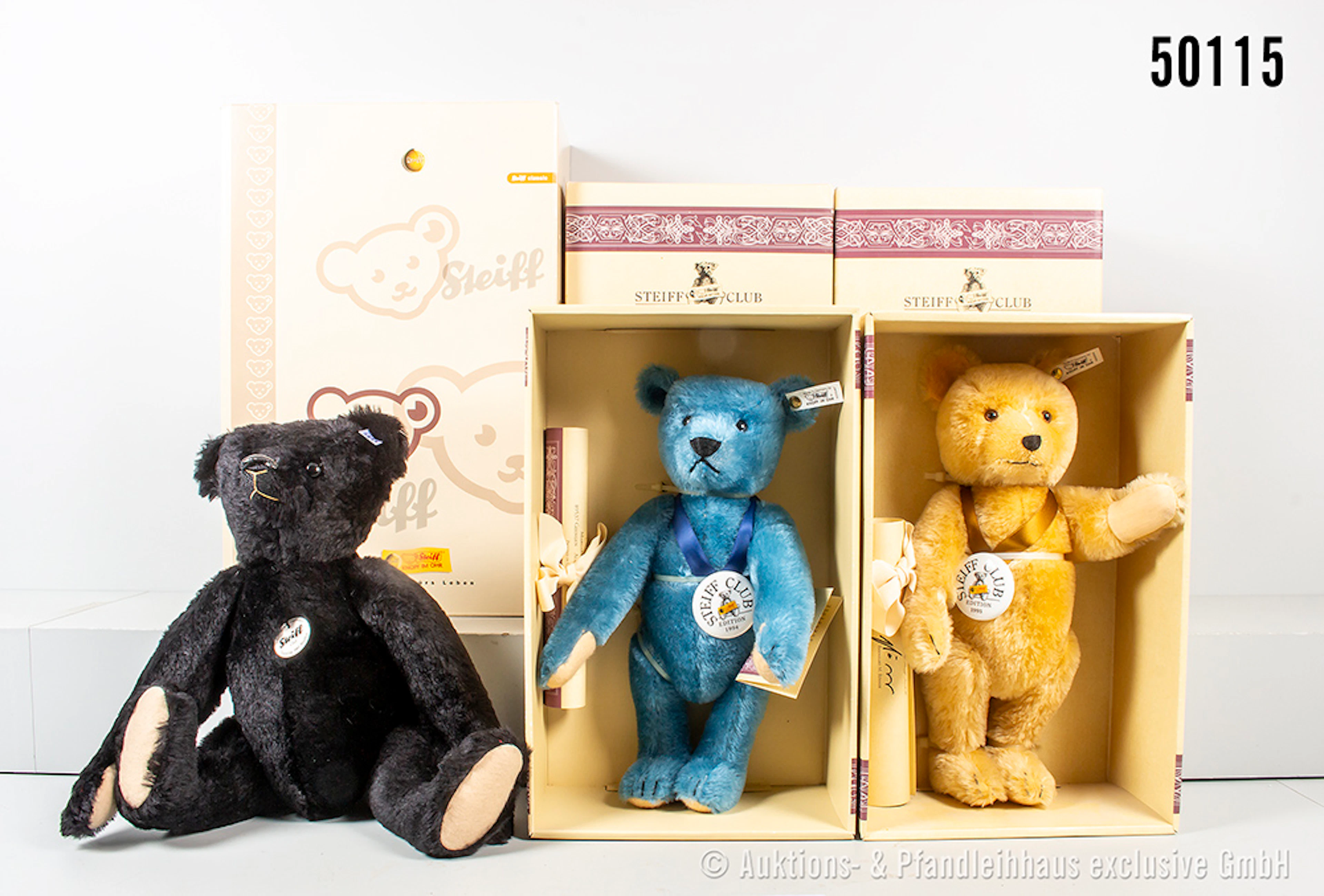 Steiff Replika Teddybären, Mohair, KF, Teddybär 1908, Porzellanplakette
