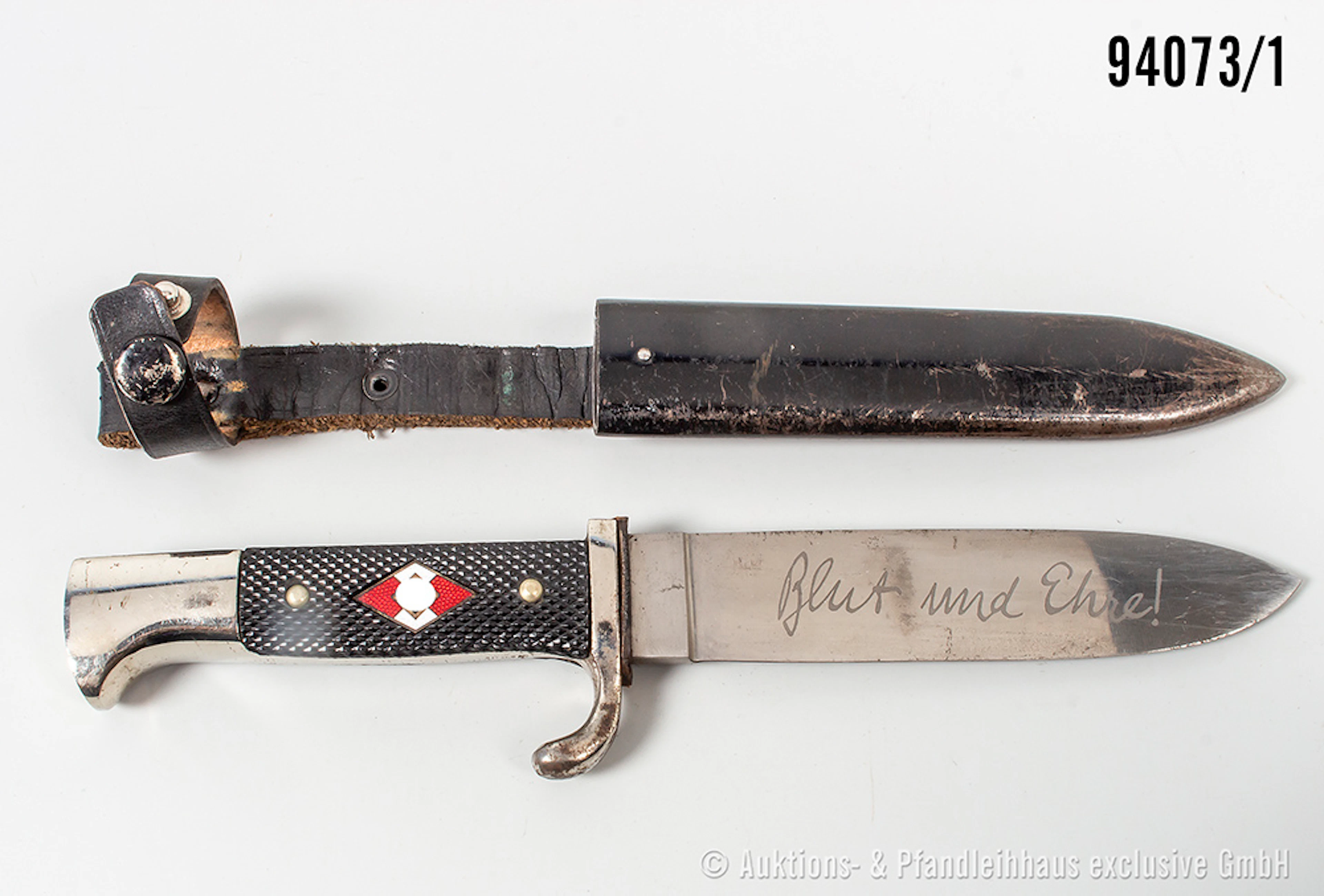 HJ-Fahrtenmesser, Hersteller "RZM M 7/72 1939", Klingeninschrift "Blut