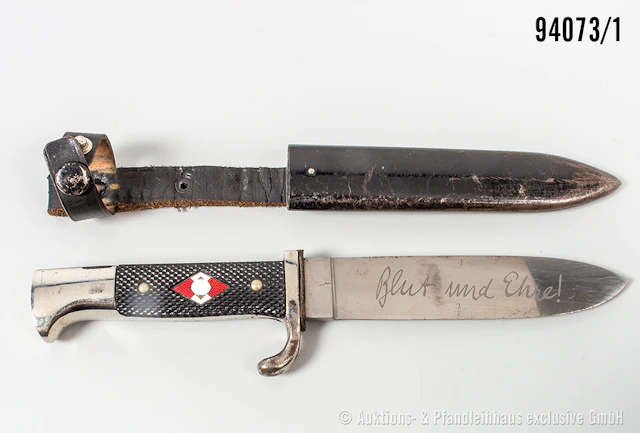 HJ-Fahrtenmesser, Hersteller "RZM M 7/72 1939", Klingeninschrift "Blut