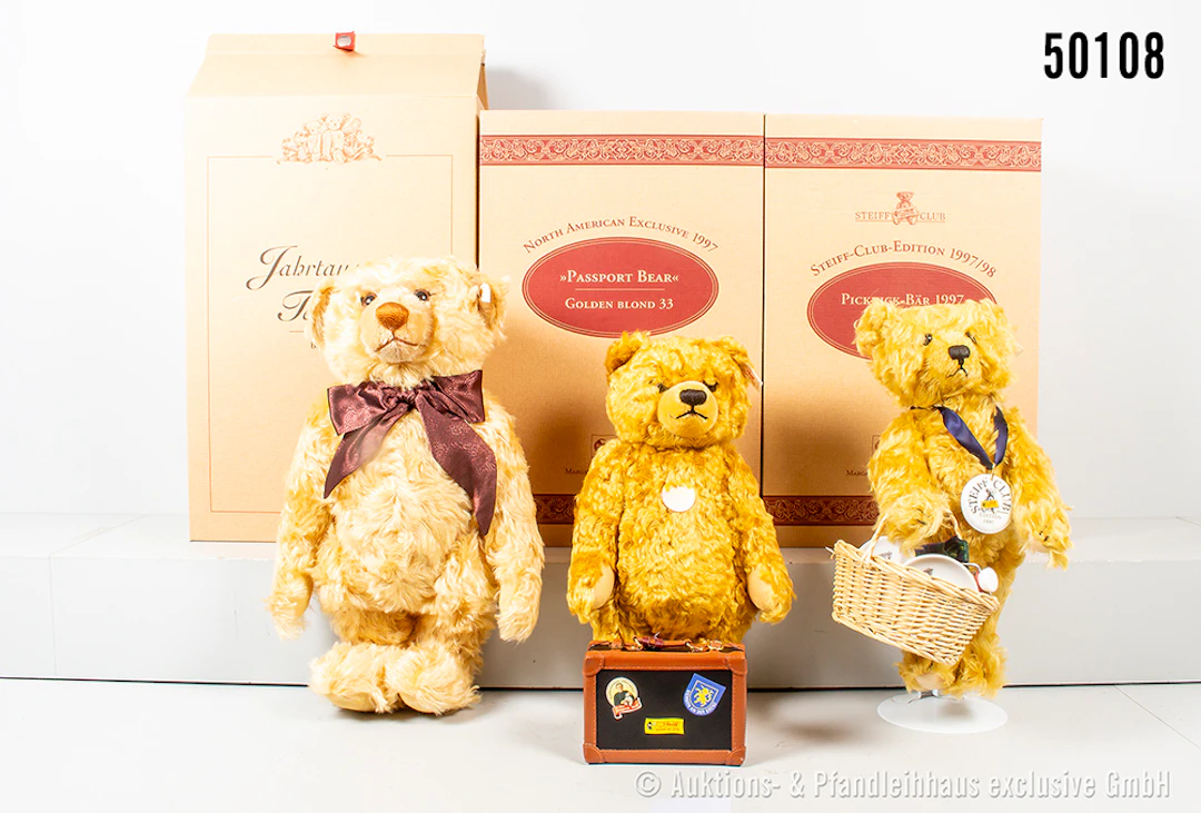 Steiff Teddybären, Mohair, Passport Bear mit Koffer, KFS Nr. 665318