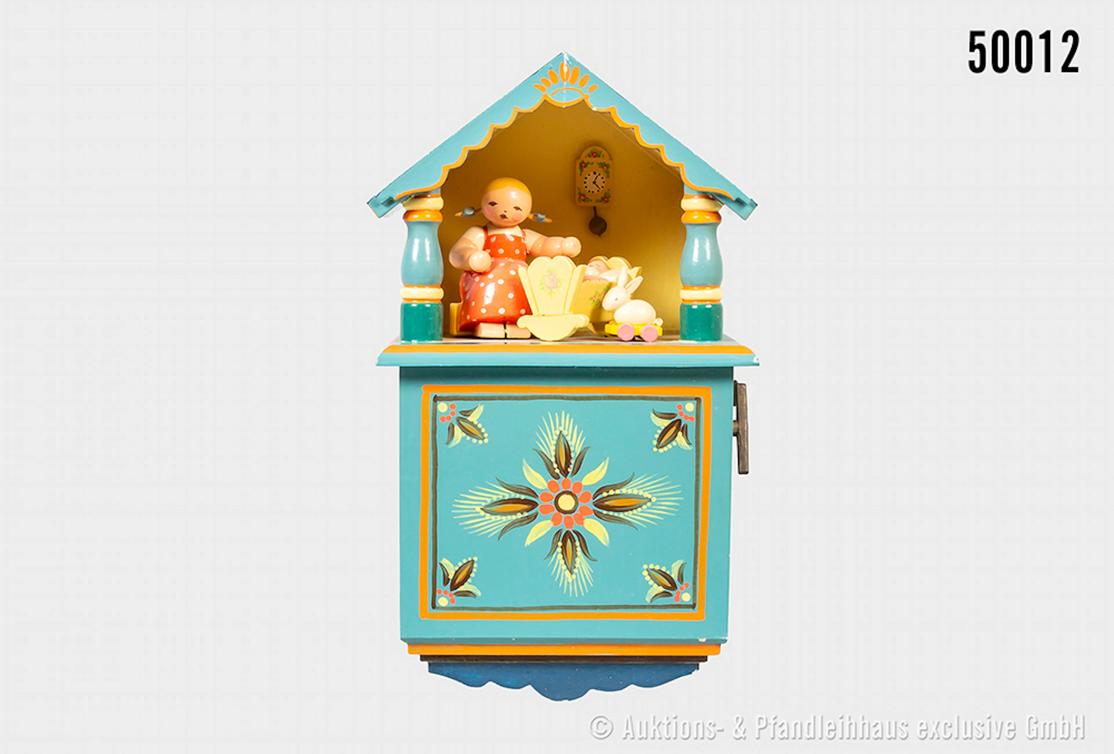 Erzgebirge Wendt & Kühn Wandspieluhr Mädchen mit Wiege, Holz, farbig