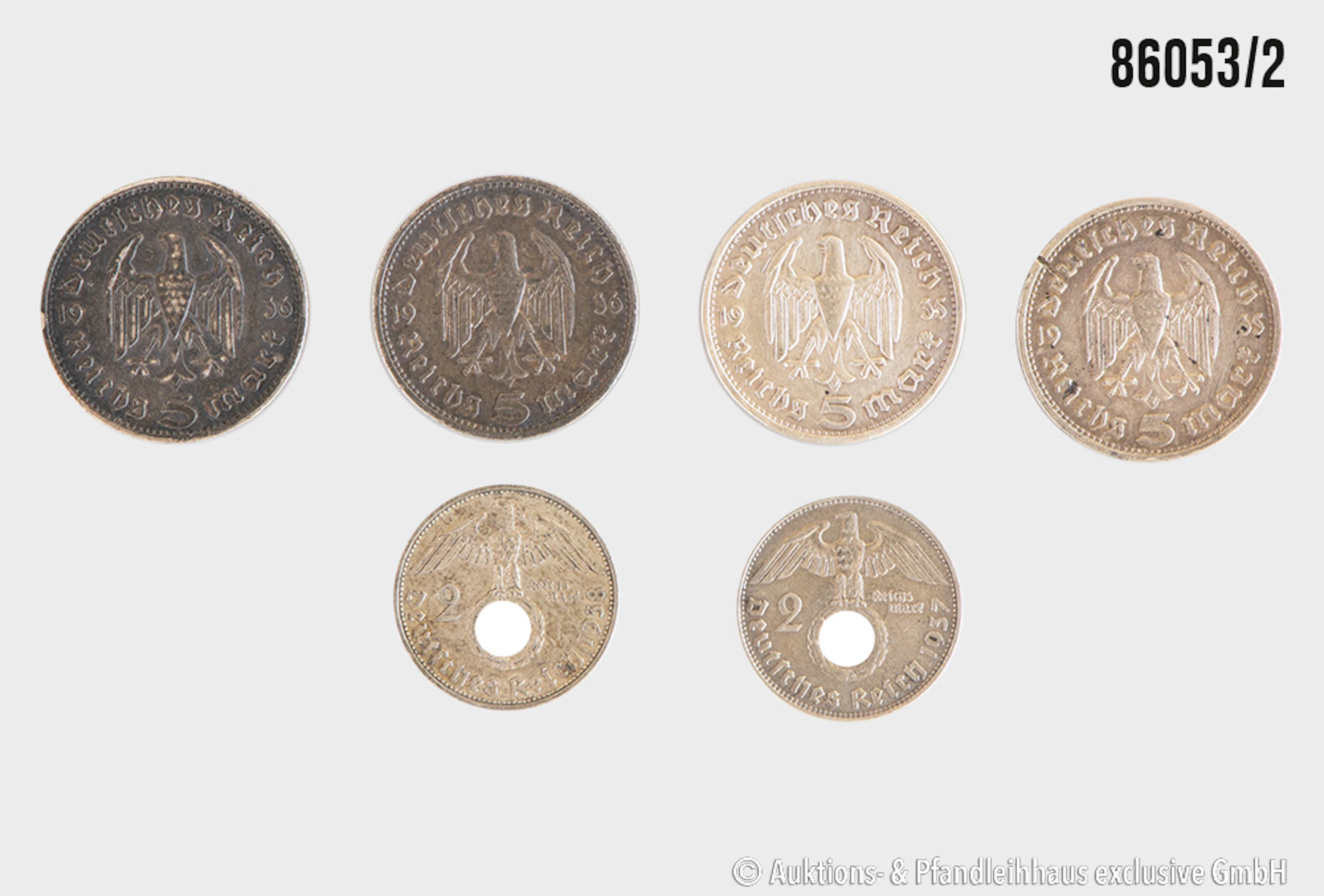 Drittes Reich Konvolut 6 Münzen, 2x 2 RM 1937 D, 1938 A, Silber 625
