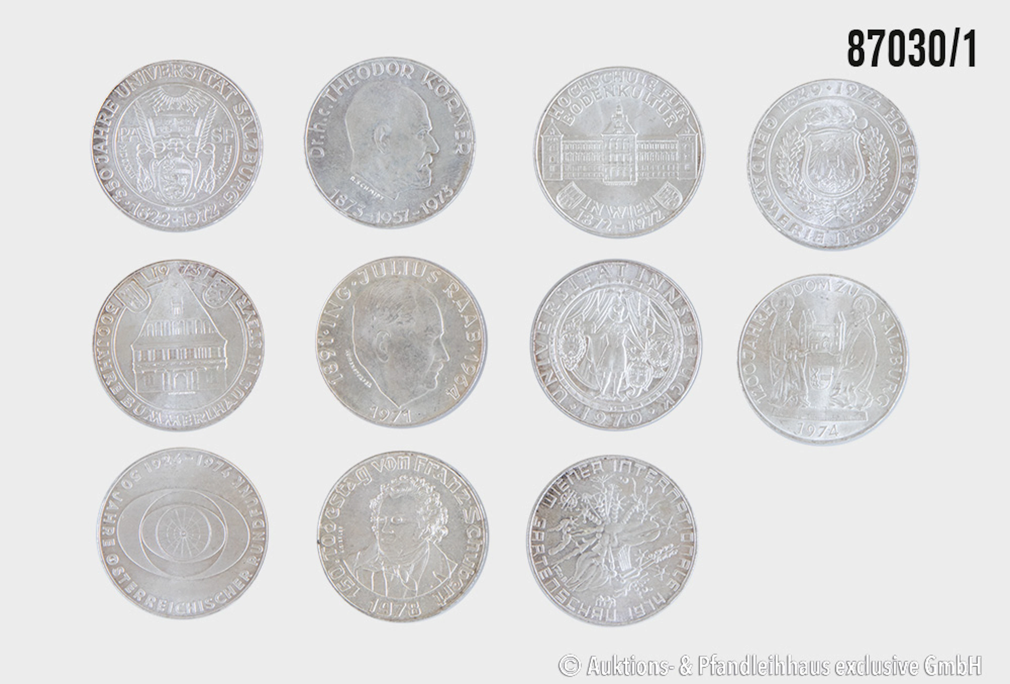 Österreich Konvolut 11x 50 Schilling, davon 6x in Silber 900, 1970-73
