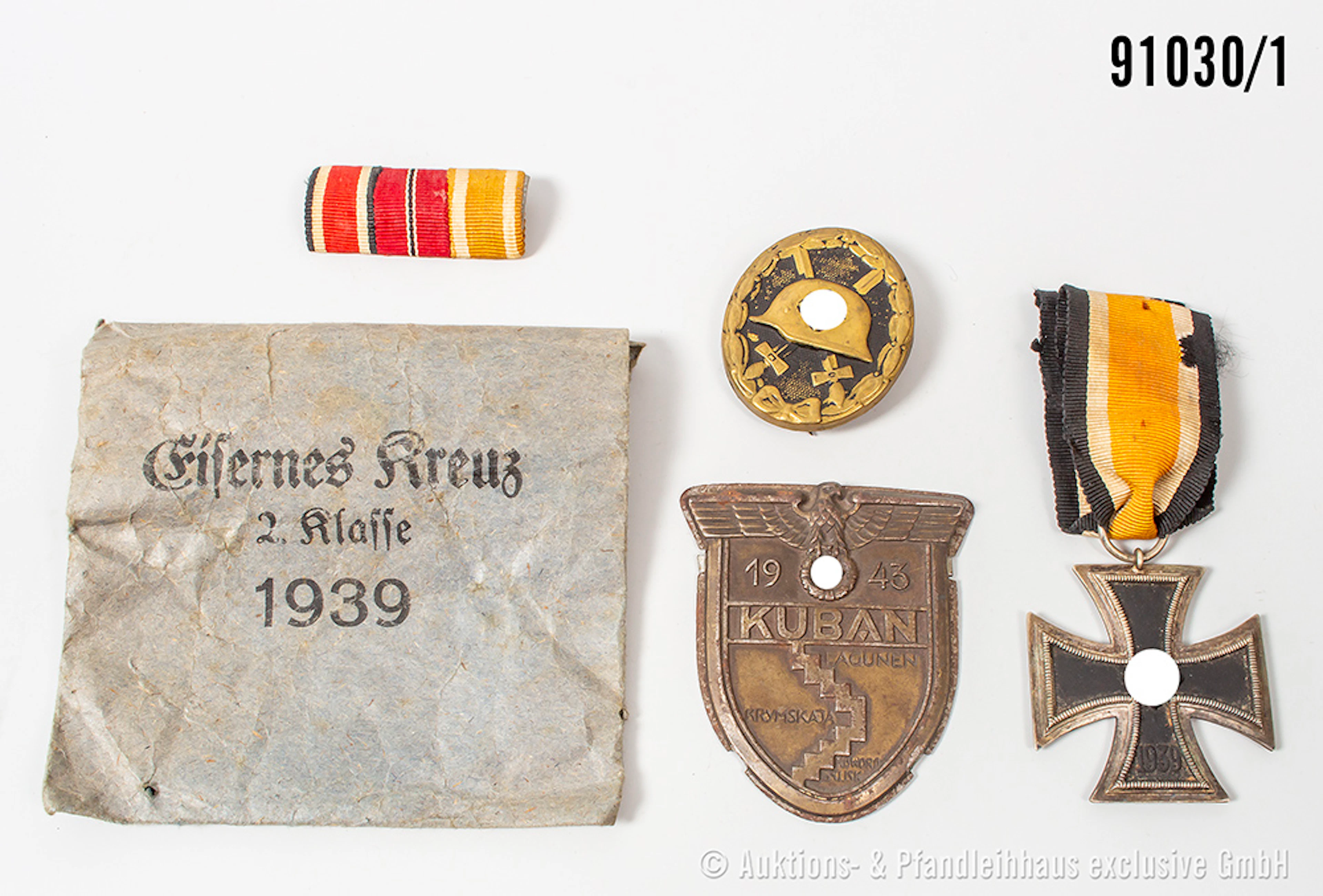 Konv. EK 2 1939, beschädigte Verleihungstüte, VWA schwarz, Kubanschild