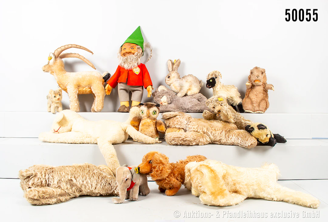 Konv. Steiff Tiere, viele Floppy, überwiegend Mohair/ Kunststoff
