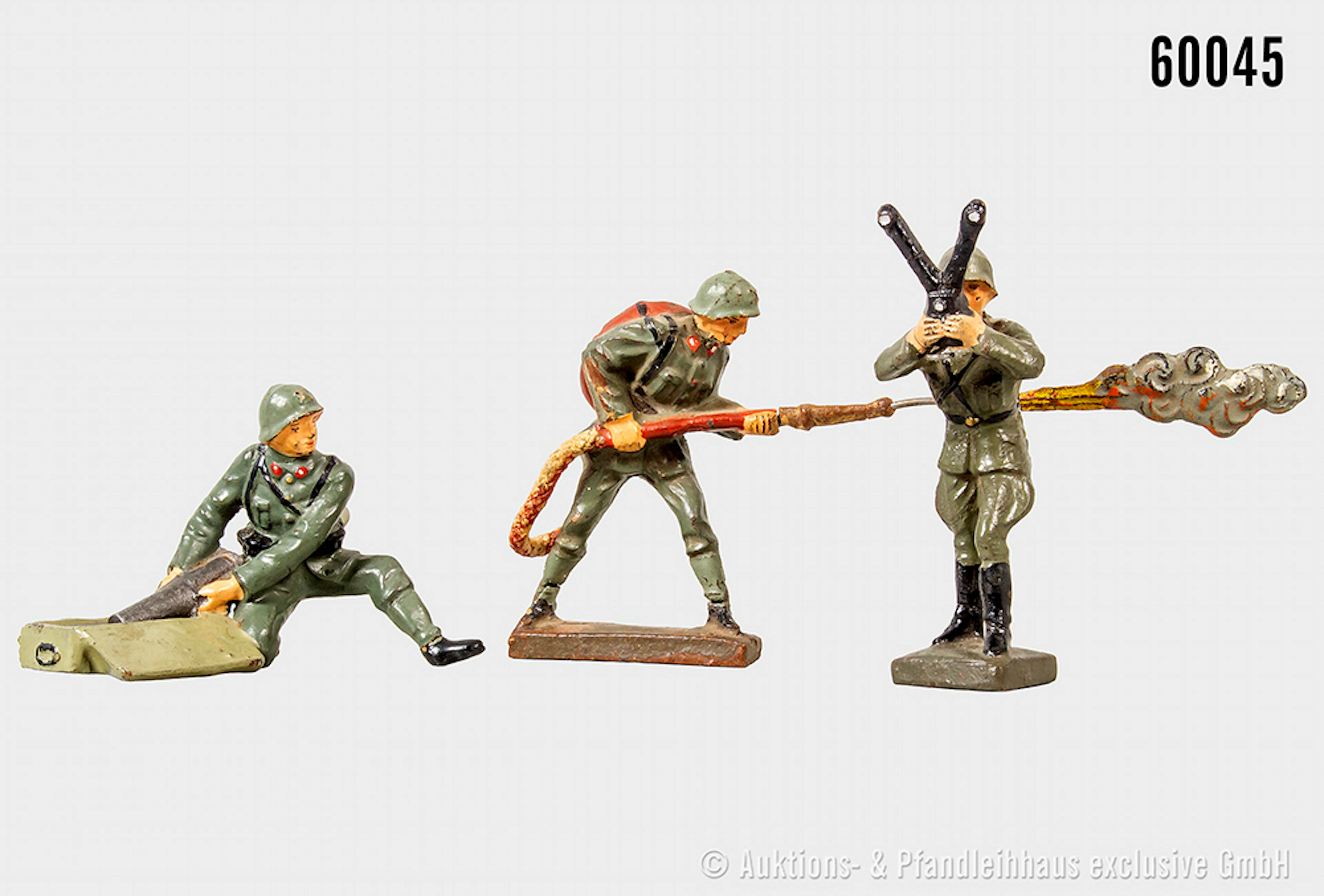 Lineol italienische Figuren, Masse, 7 cm, 1 x fehlt Gestell und Flammenwerfer