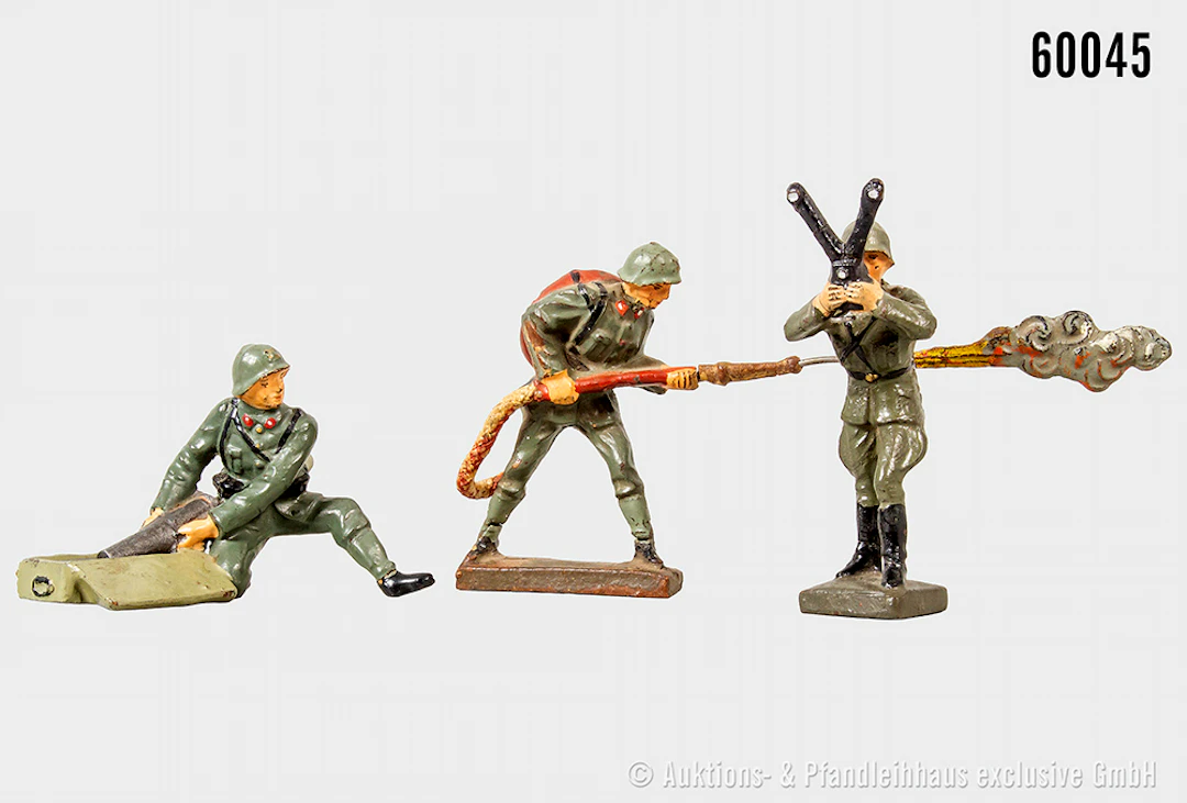 Lineol italienische Figuren, Masse, 7 cm, 1 x fehlt Gestell und Flammenwerfer
