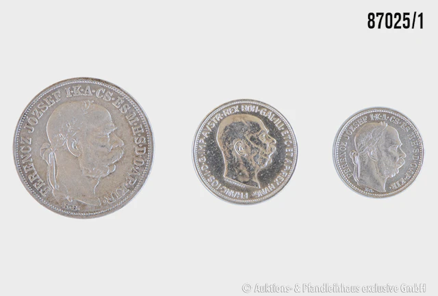 Österreich Ungarn Konvolut 3 Münzen, 1x 5 Korona 1900, Silber 900