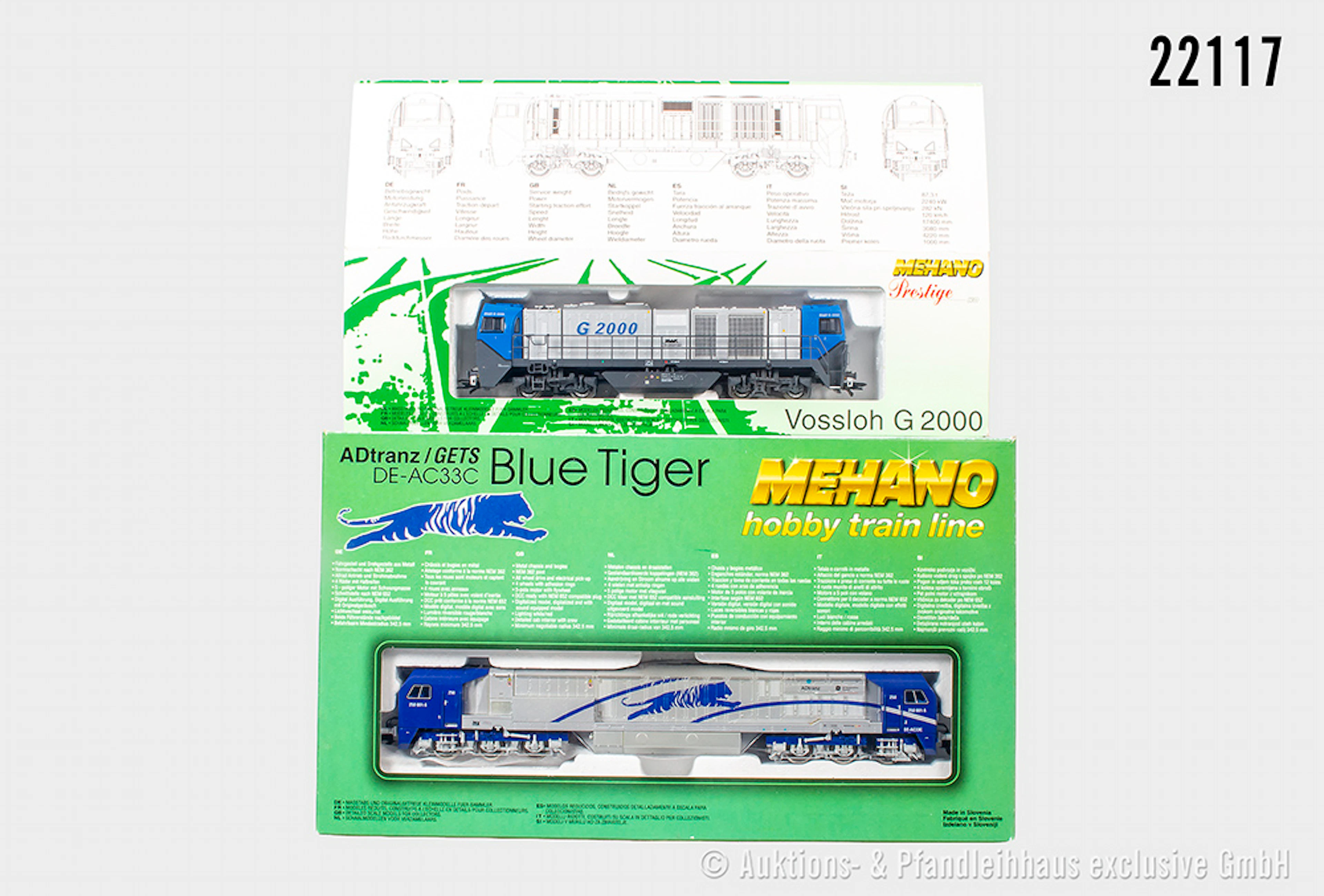 2x Mehano H0 Dieselok: T159, Blue Tiger, ADtranz, BN 250 001-5, T277