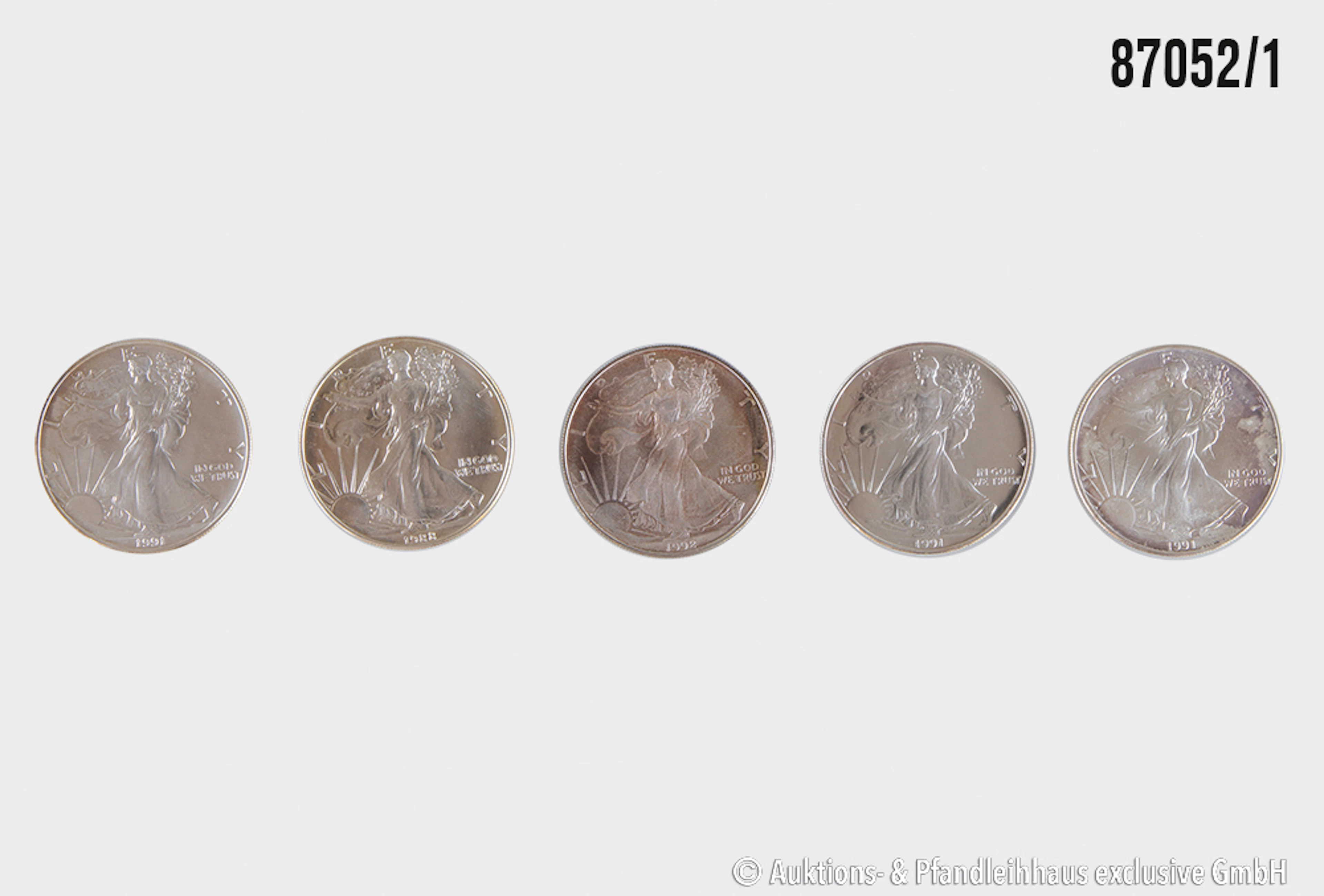 USA 5x 1 Dollar 1x 1988, 3x 1991, 1x 1992 Silber 999, jeweils 1 Unze, Zust. vz