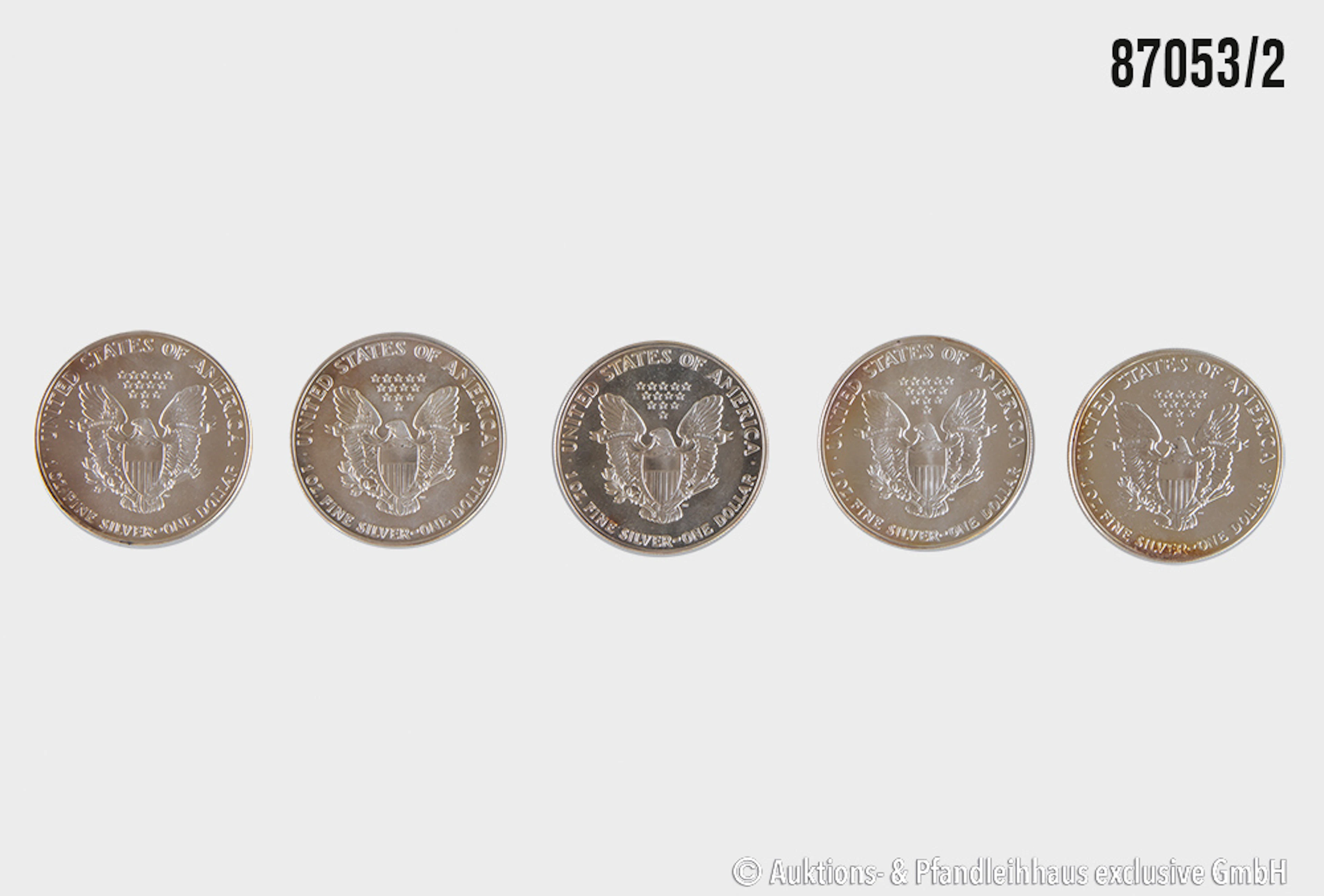 USA 5x 1 Dollar 4x 1987, 1x 1988 Silber 999, jeweils 1 Unze, Zust. vz