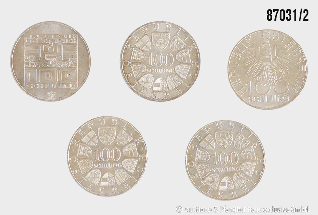 Österreich Konvolut 5x 100 Schilling 1976-79, Silber 640, jeweils