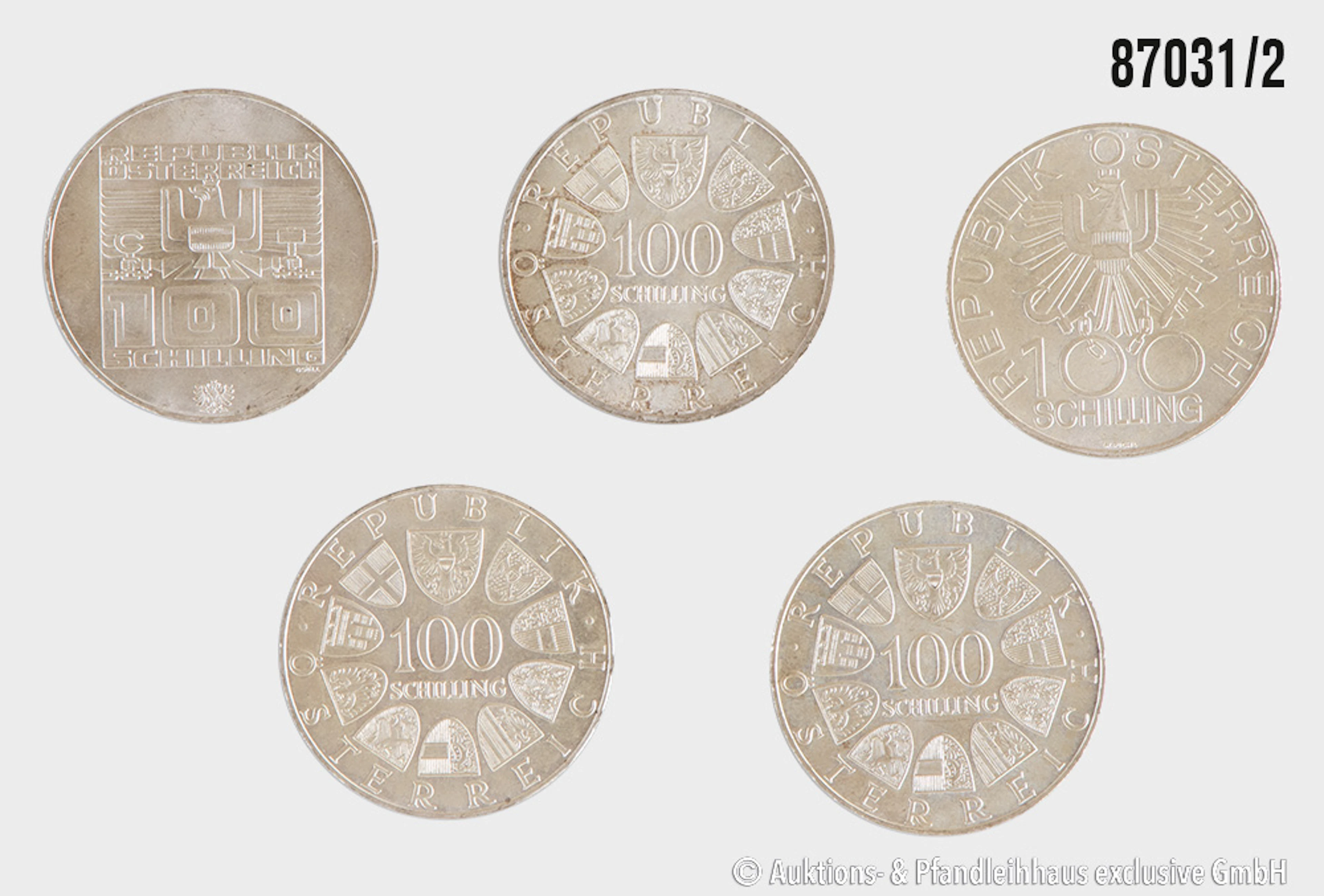 Österreich Konvolut 5x 100 Schilling 1976-79, Silber 640, jeweils