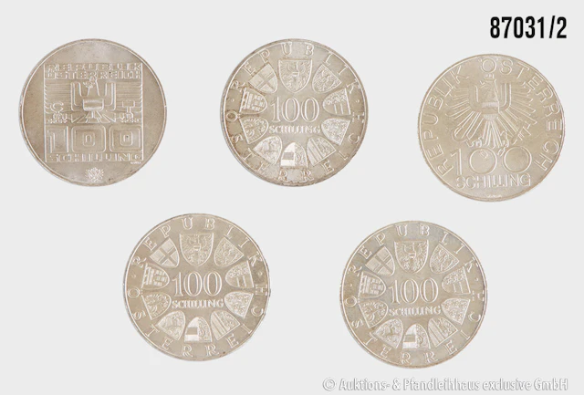 Österreich Konvolut 5x 100 Schilling 1976-79, Silber 640, jeweils