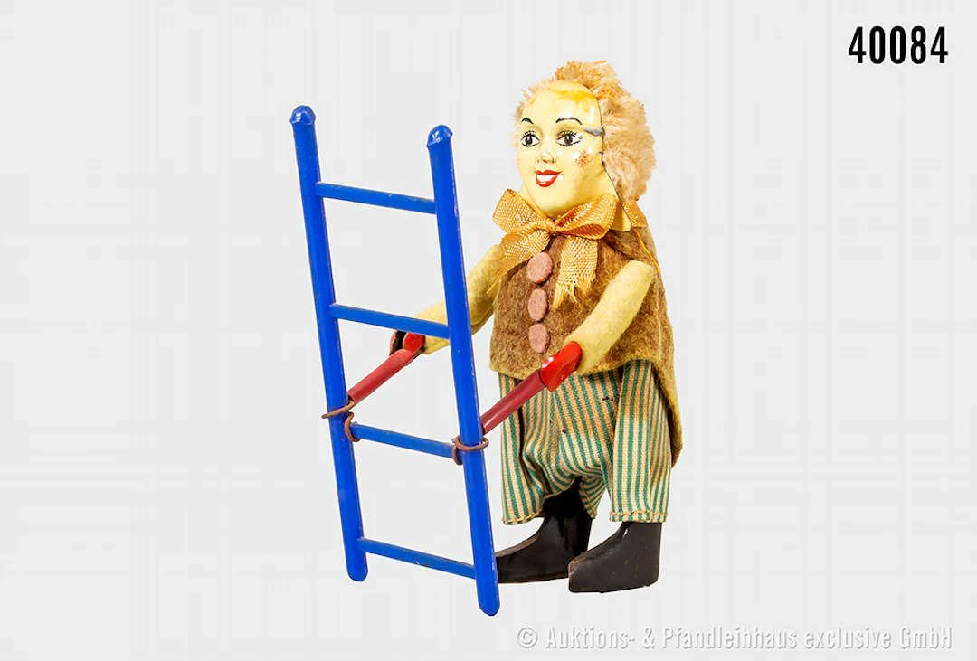 Tanzfigur Turnerin mit Leiter, ähnlich Schuco, Uhrwerk intakt, H 11 cm, Z 2-3
