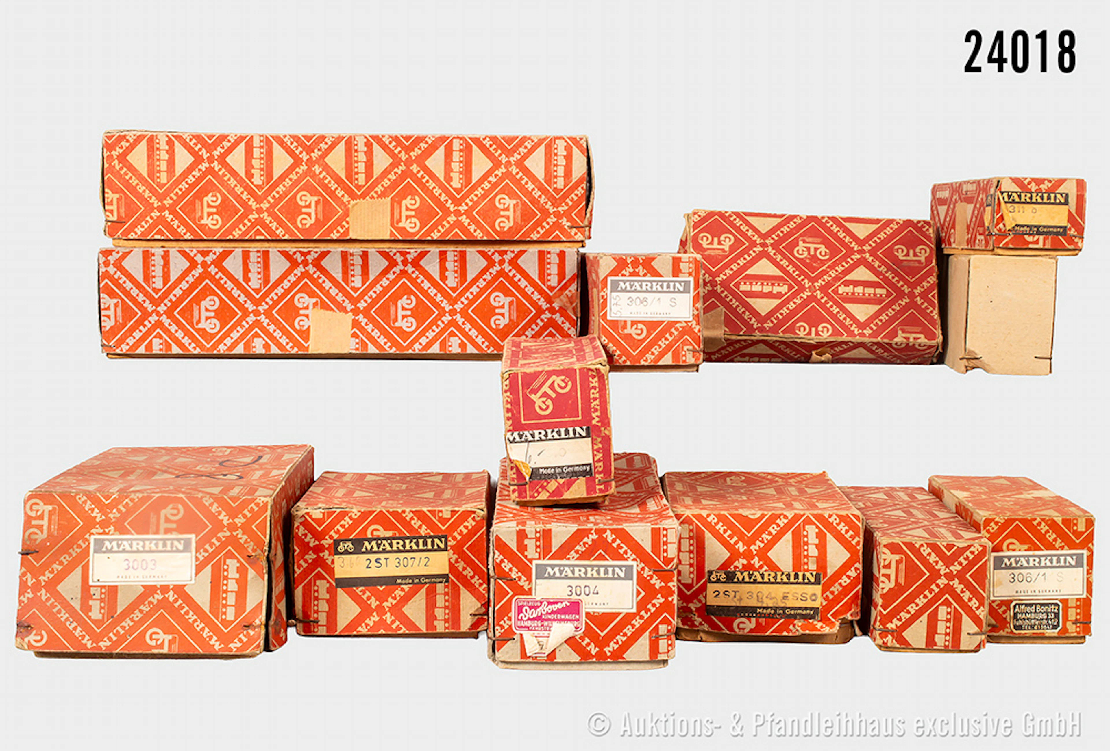 13x Märklin H0 Verpackungen: 3003, 3004, 305, 307/2, 304 "Esso", 311B