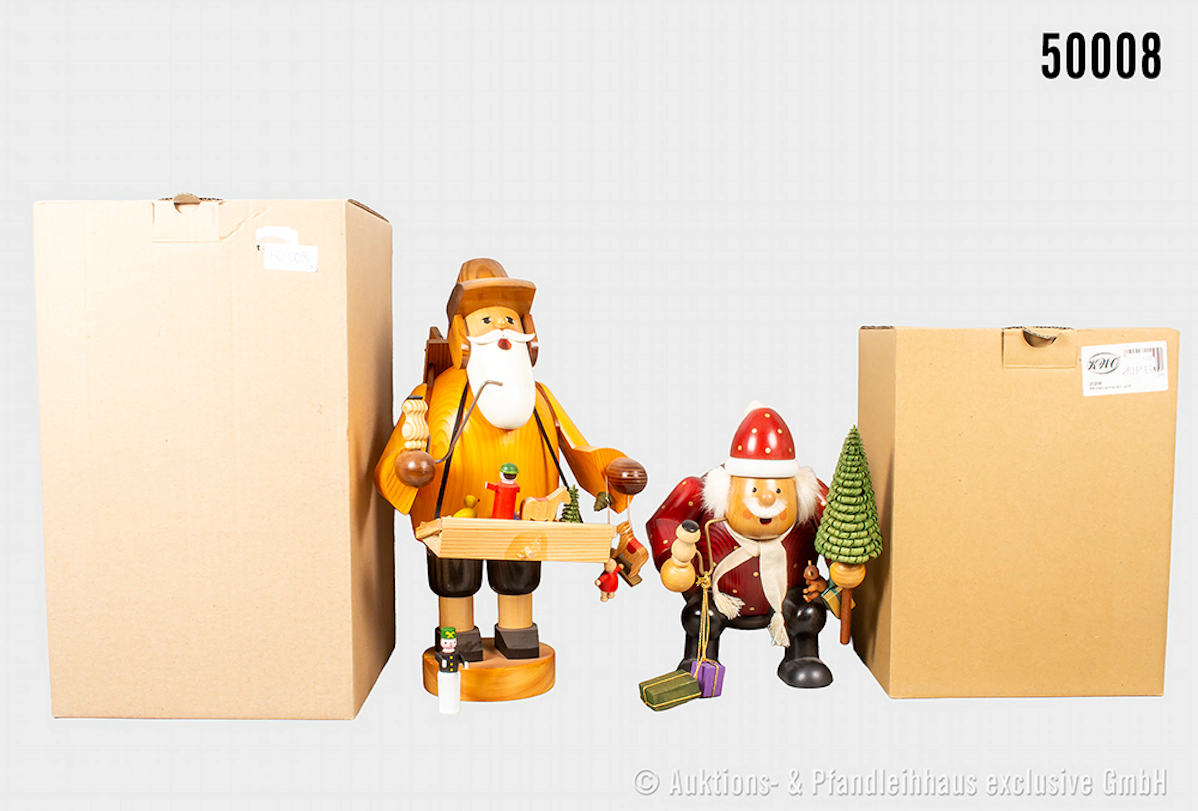 2 KWO große Erzgebirge Räuchermänner, Holz, farbig staffiert, RM Weihnachtsmann