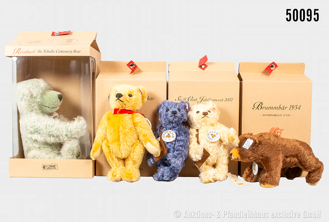 Steiff Teddybär, 3x Club Edition, jeweils Mohair, KF, teils Porzellanplatte