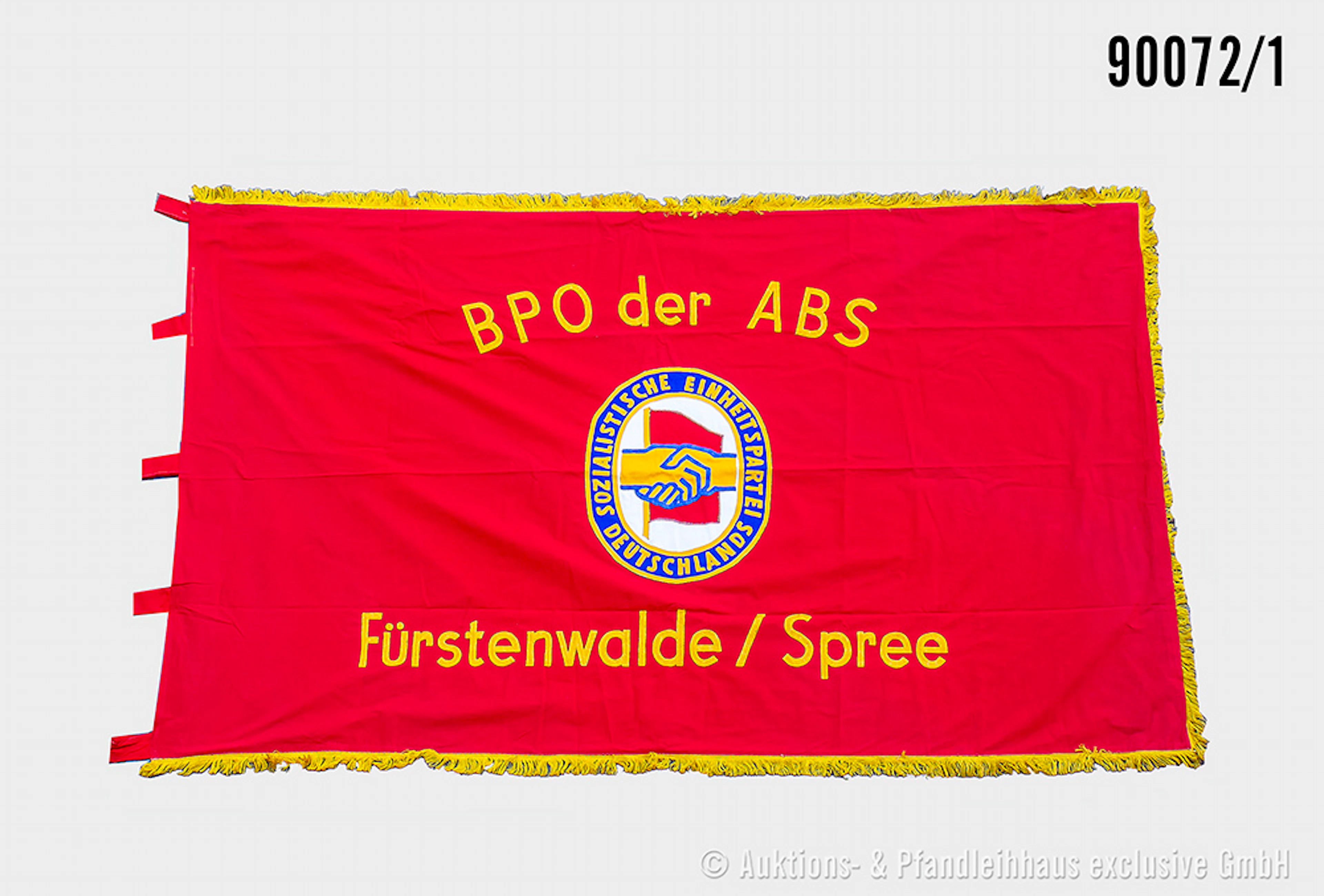 DDR Fahne SED mit Fransen, beidseitig bestickt "BPO der ABS Fürstenwalde/Spree"
