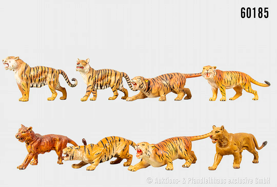 Tiere, meist Tiger, Masse, L bis ca. 18,5 cm, u.a. Elastolin Lineol