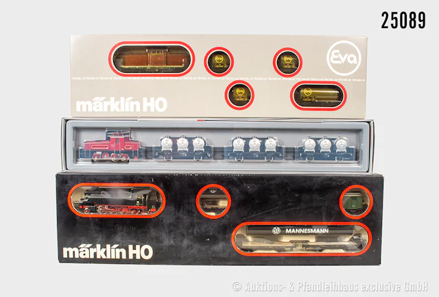 3x Märklin H0 Güterzug-Pack.: 2874 E-Lok, BN E63 04, 3 Wagen & 2855