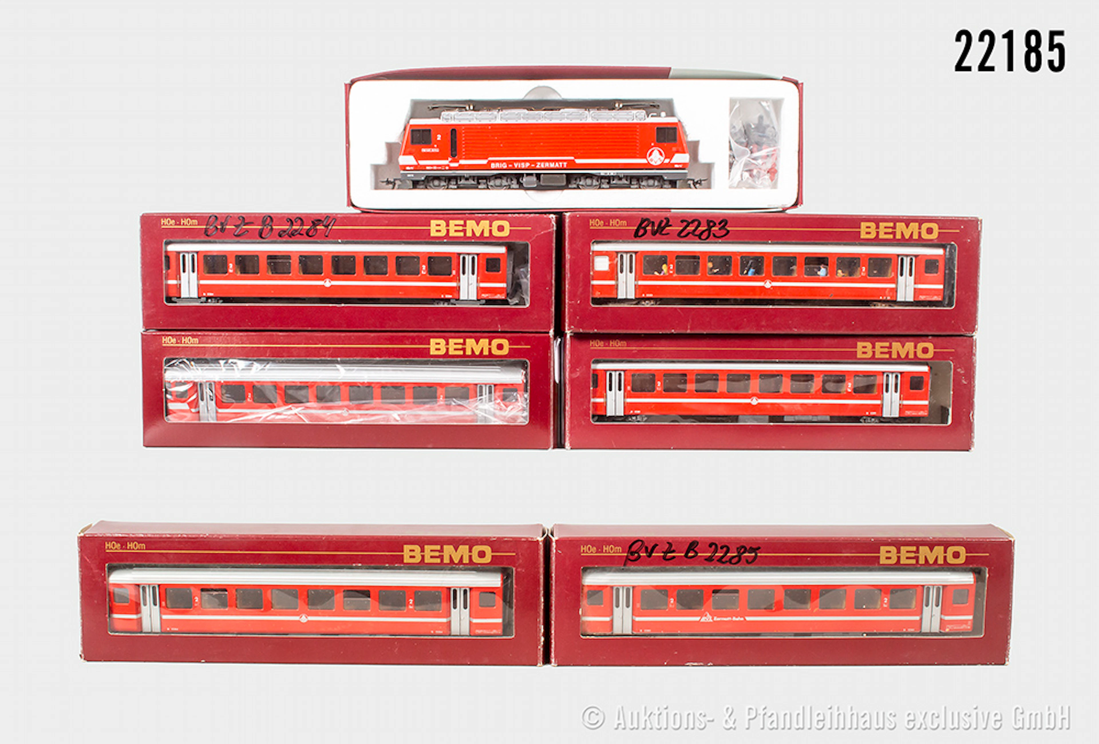 Bemo H0m Personenzug, BVZ: E-Lok HGe 4/4 I, BN 2 & 6x Wagen, 1x mit